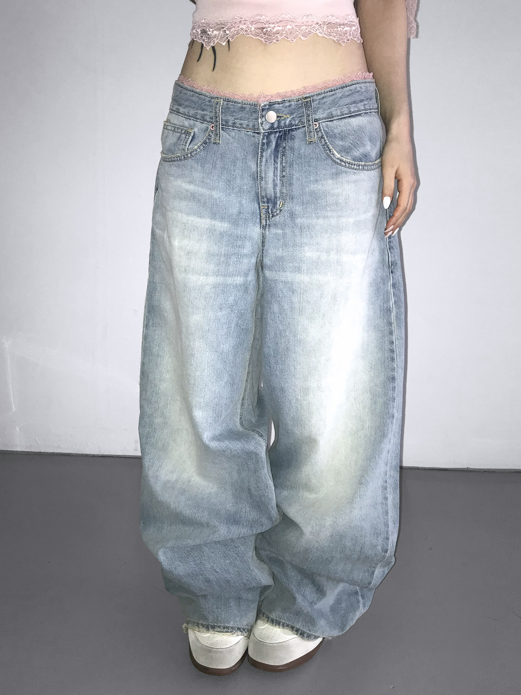 Lace Trim Layered Wide Leg Denim