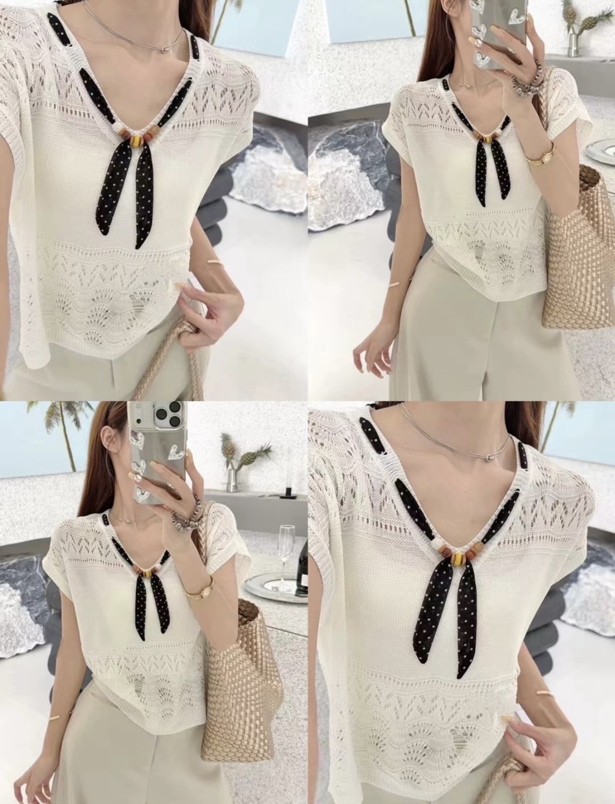 针织V领上衣Knit v-neck top with black ribbon 