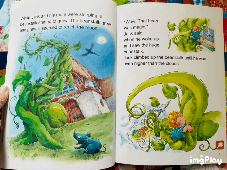 1. Snow White（白雪公主） 2. Cinderella（灰姑娘） 3. Jack and the Beanstalk（傑克與魔豆） 4. Three Little Piggies（三隻小豬） 5. Little Red Riding Hood（小紅帽） 6. Five Peas（五顆豌豆） 7. Coloring Book（塗色書/互動書）