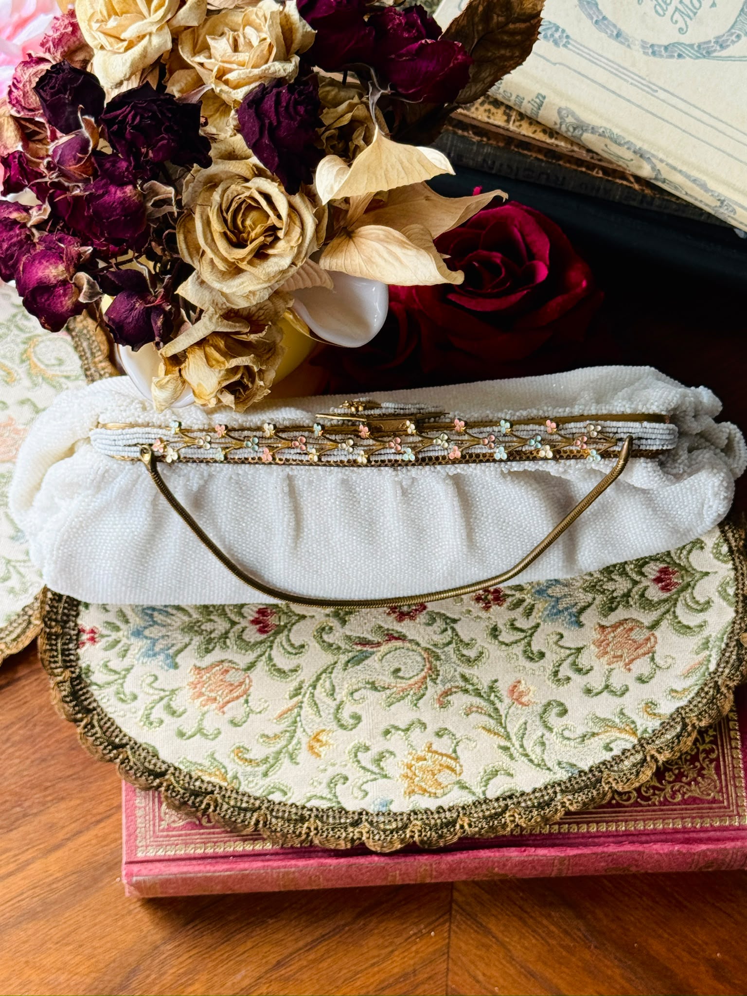 Vintage Mid-century Pastel Foliage Frame White Bead Bag- Likely Made in France (MT2647)