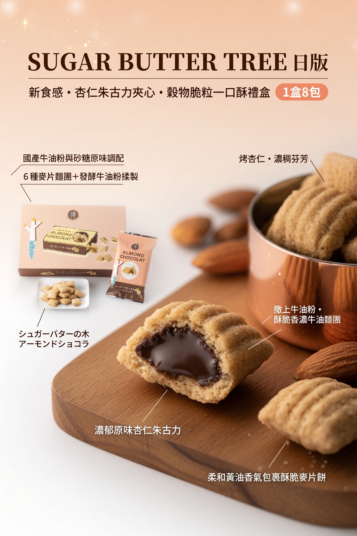 SUGAR BUTTER TREE日版Sugar Butter Tree 新食感 杏仁朱古力夾心 穀物脆粒一口酥禮盒 (1盒8包) 