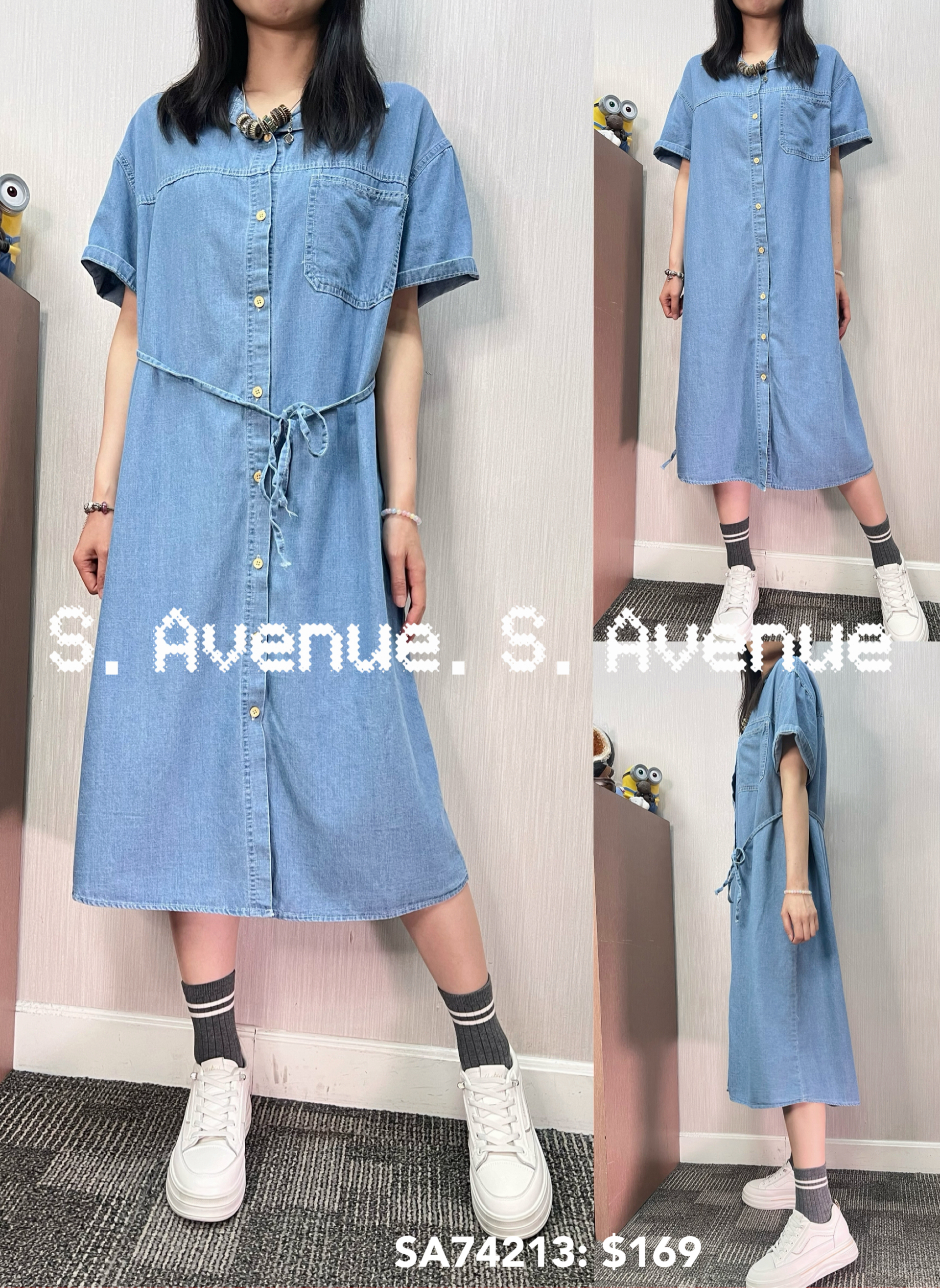 SA74213: 短袖前有骨可綁繩牛仔op