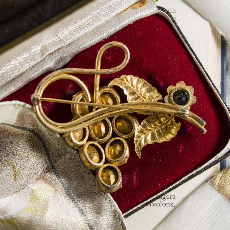 RARE！1940s Vermeil Gold Over Sterling Silver Emerald Green Rhinestone Flower Brooch (MN001)