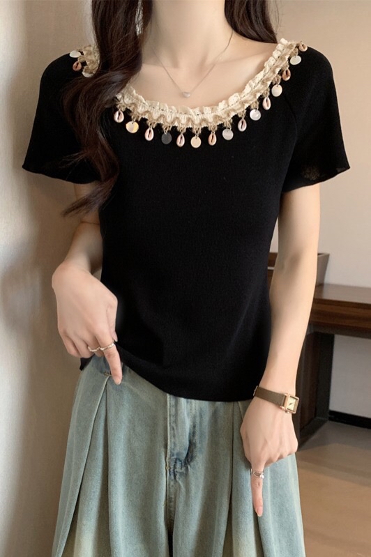 B98(976) 波西米亚风大U领亮片流苏领边针织黑黄上衣