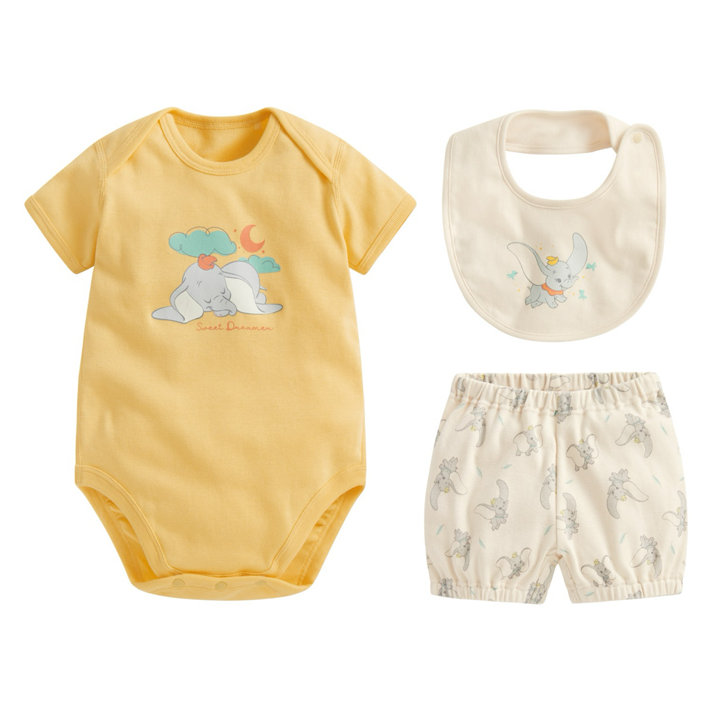 ☀️代購預訂 台灣直送☀️小飛象純棉人物印花短袖包屁衣短褲圍兜三件套