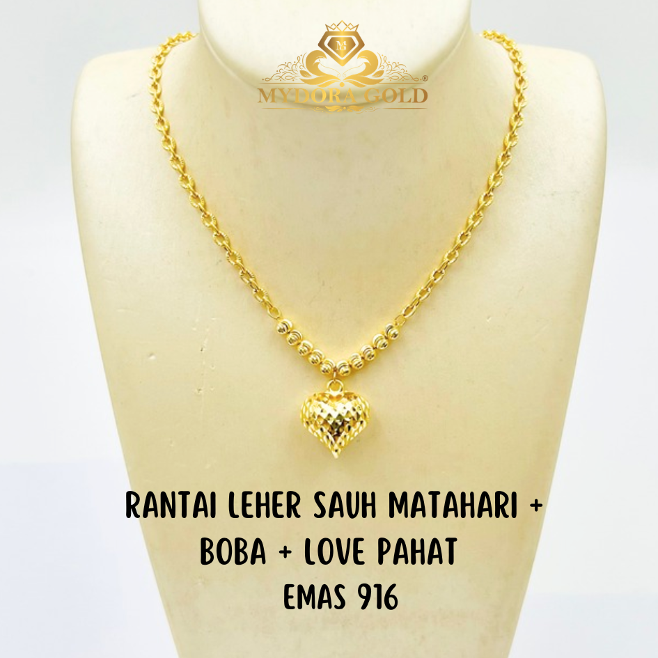 MYDORA Rantai Leher Sauh Matahari + Boba + Love Pahat l EMAS 916/22K