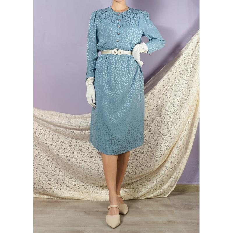 Vintage Powder Blue Satin Luxe Abstract Pattern Day Dress(MT1608-103)