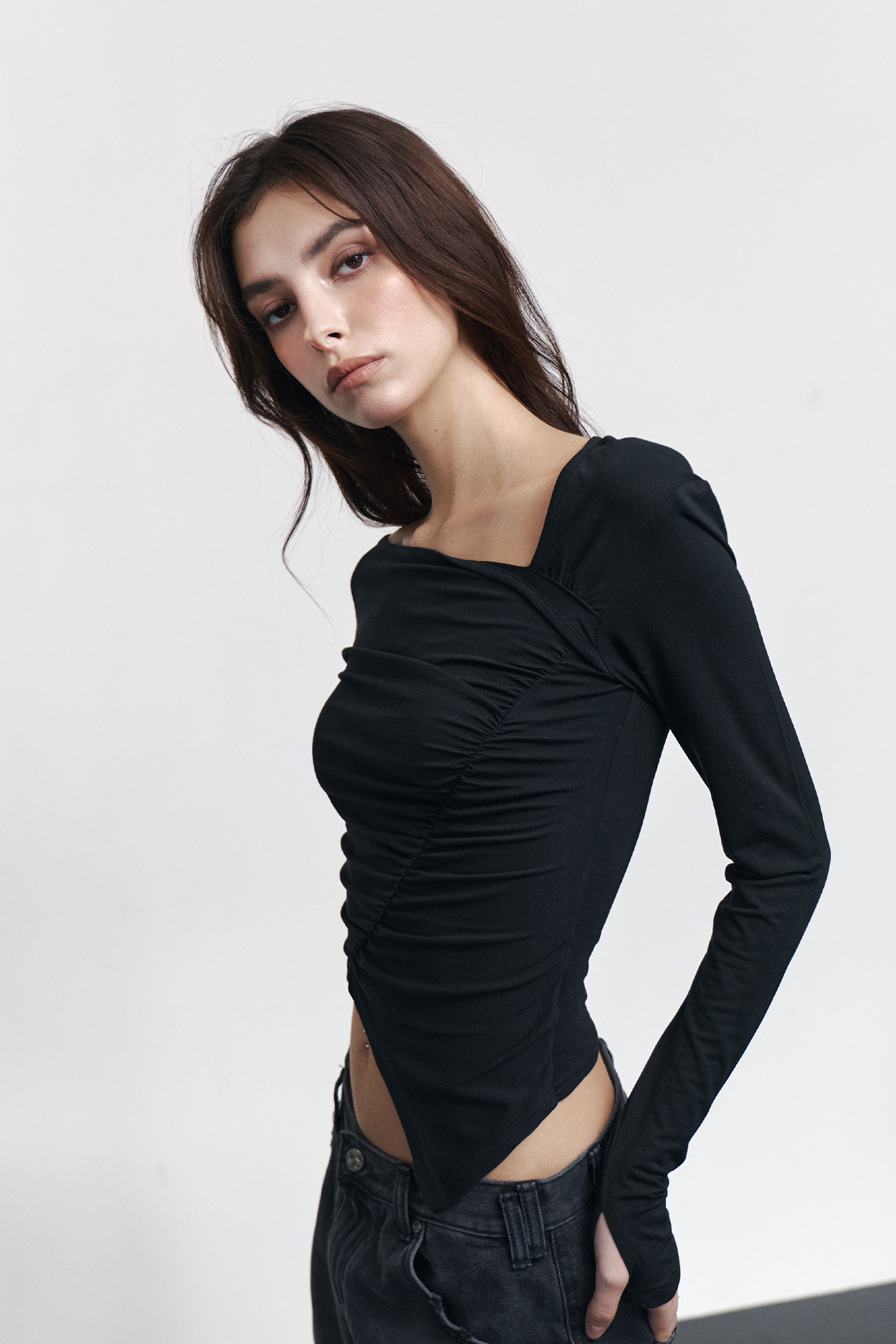 pleaseNOFOLLOW - Sadie Unbal Shirring Long Sleeve Top (Black)