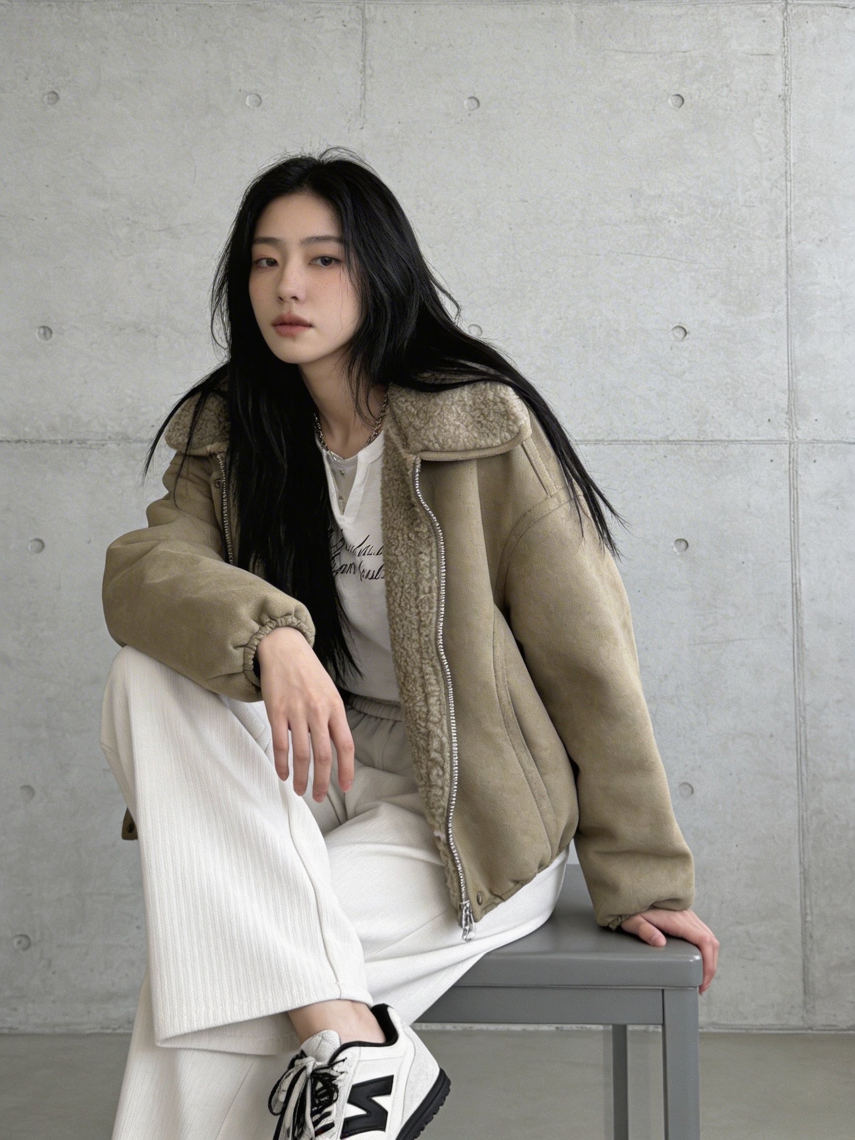 卡其色麂皮毛領短版飛行夾克