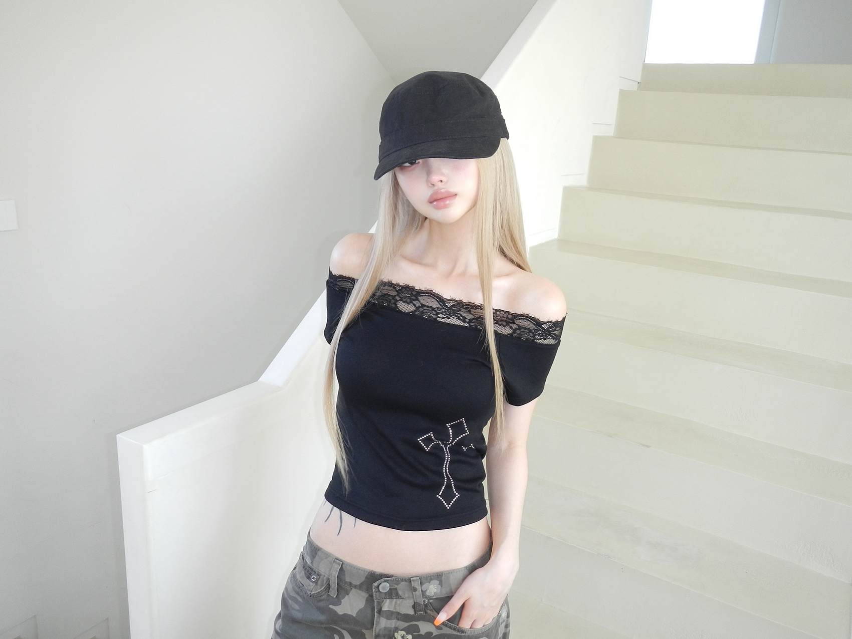 Rhinestone Cross Lace Trim Crop Top