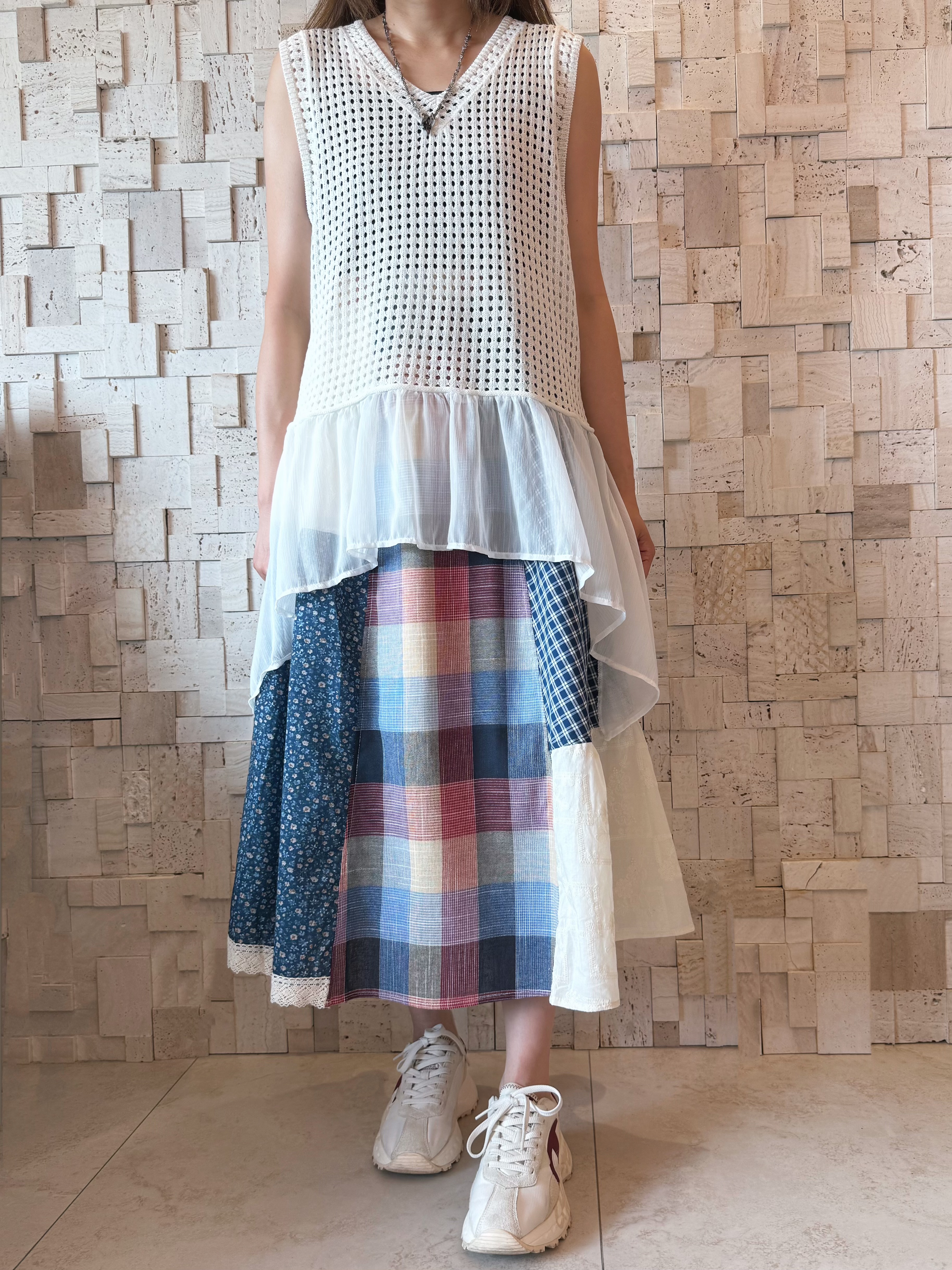 #2096 針織拼薄紗背心☁️