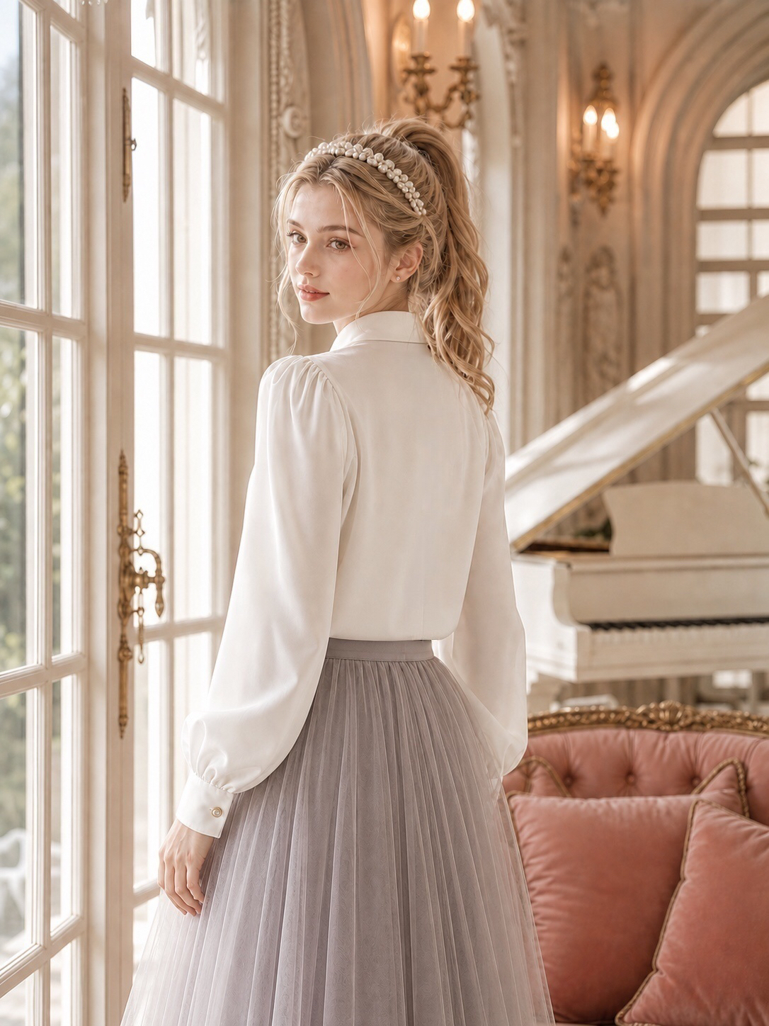 凡爾賽玫瑰的加冕珍珠蕾絲蝴蝶結宮廷襯衫 The Coronation of Versailles Rose: Pearl & Lace Bow Palace Blouse