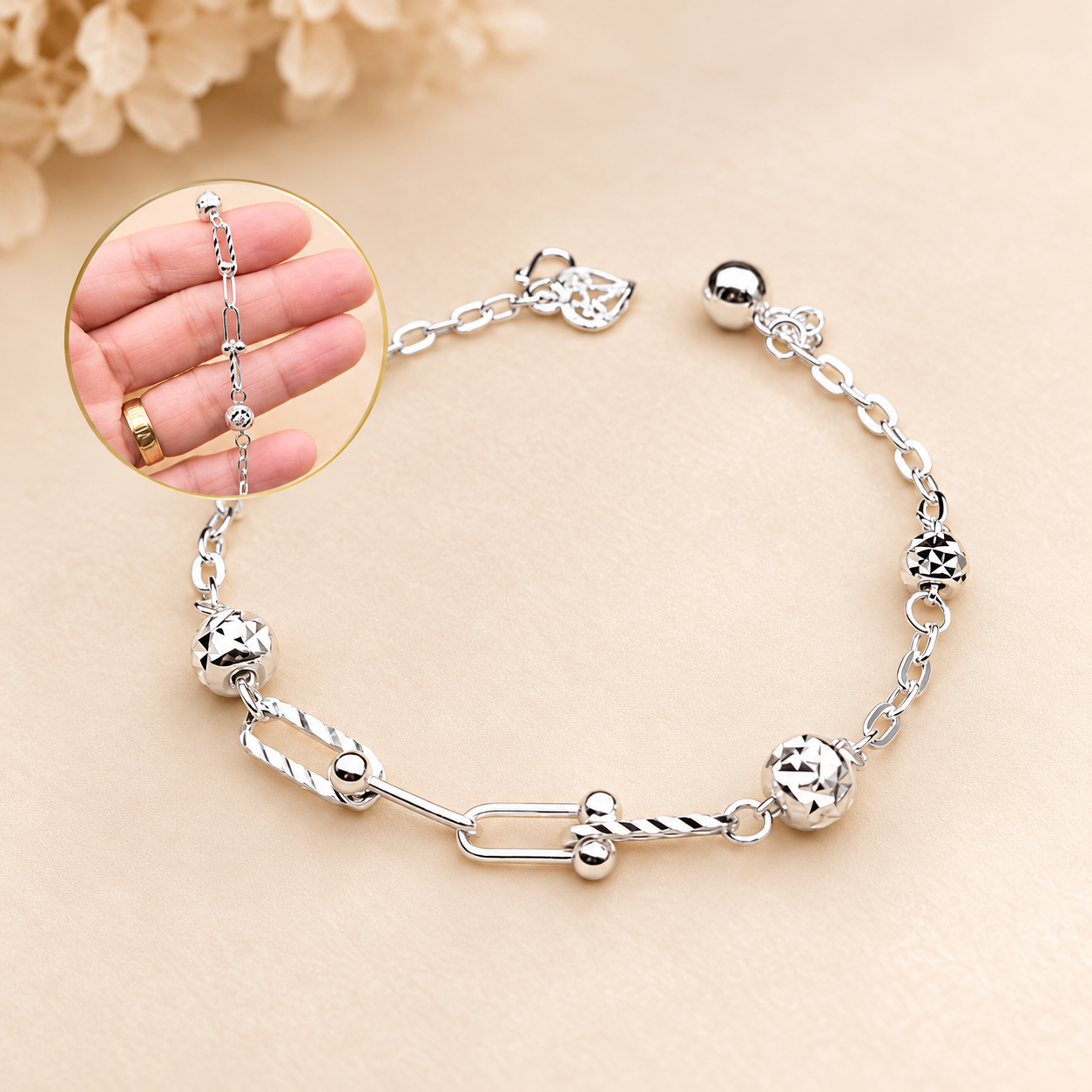 LB2386 Paper Clip + Diamond Cut Beads Bracelet