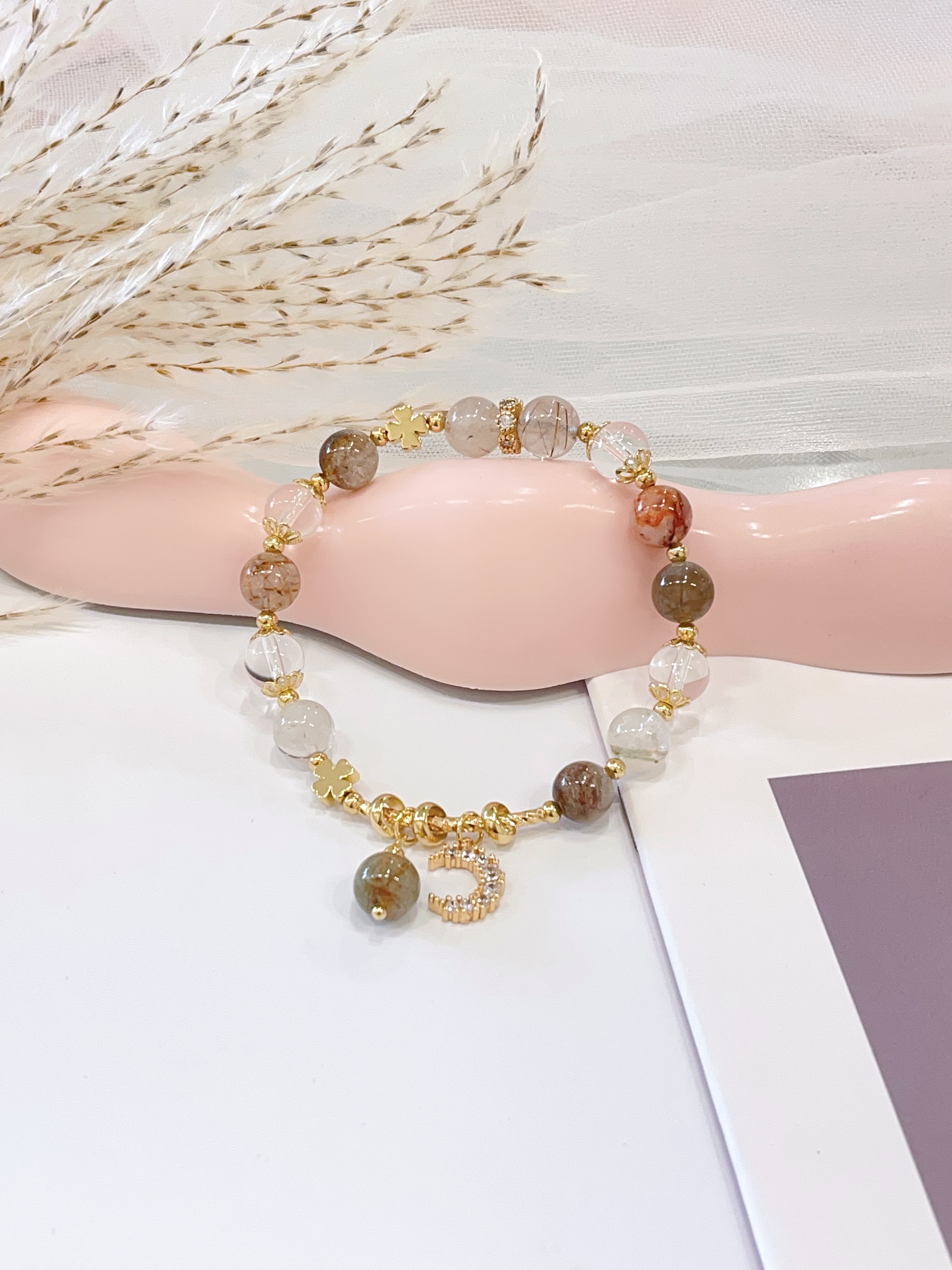 🌈🌙 彩发晶多宝 × 月亮配饰手串 Multicolor Rutilated Quartz & Moon Charm | 8mm