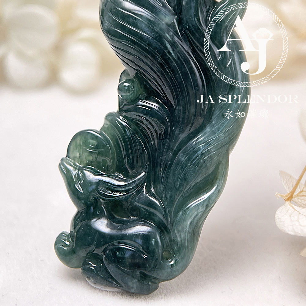 JNK-137 天然翡翠A玉 老藍水18K福壽雙全九尾狐吊墜 (法師加持)