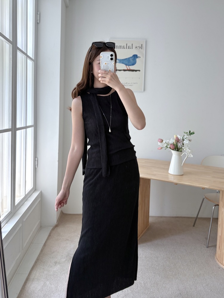 Summer Pleated Scarf Set (Black)