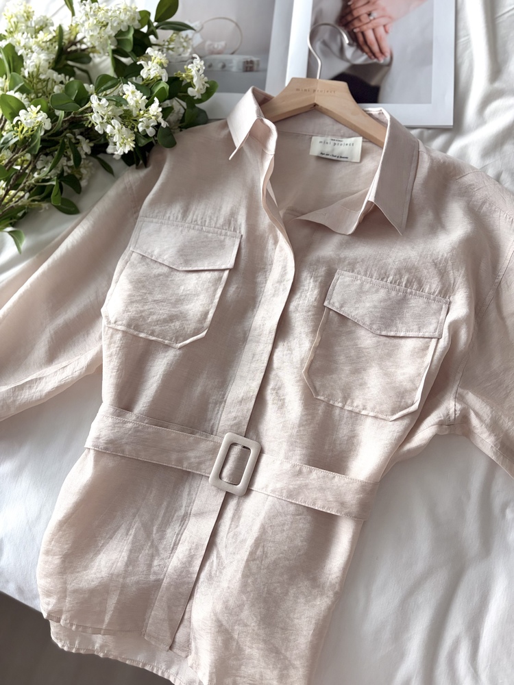 Feminine Belted Pocket Blouse (Brown)