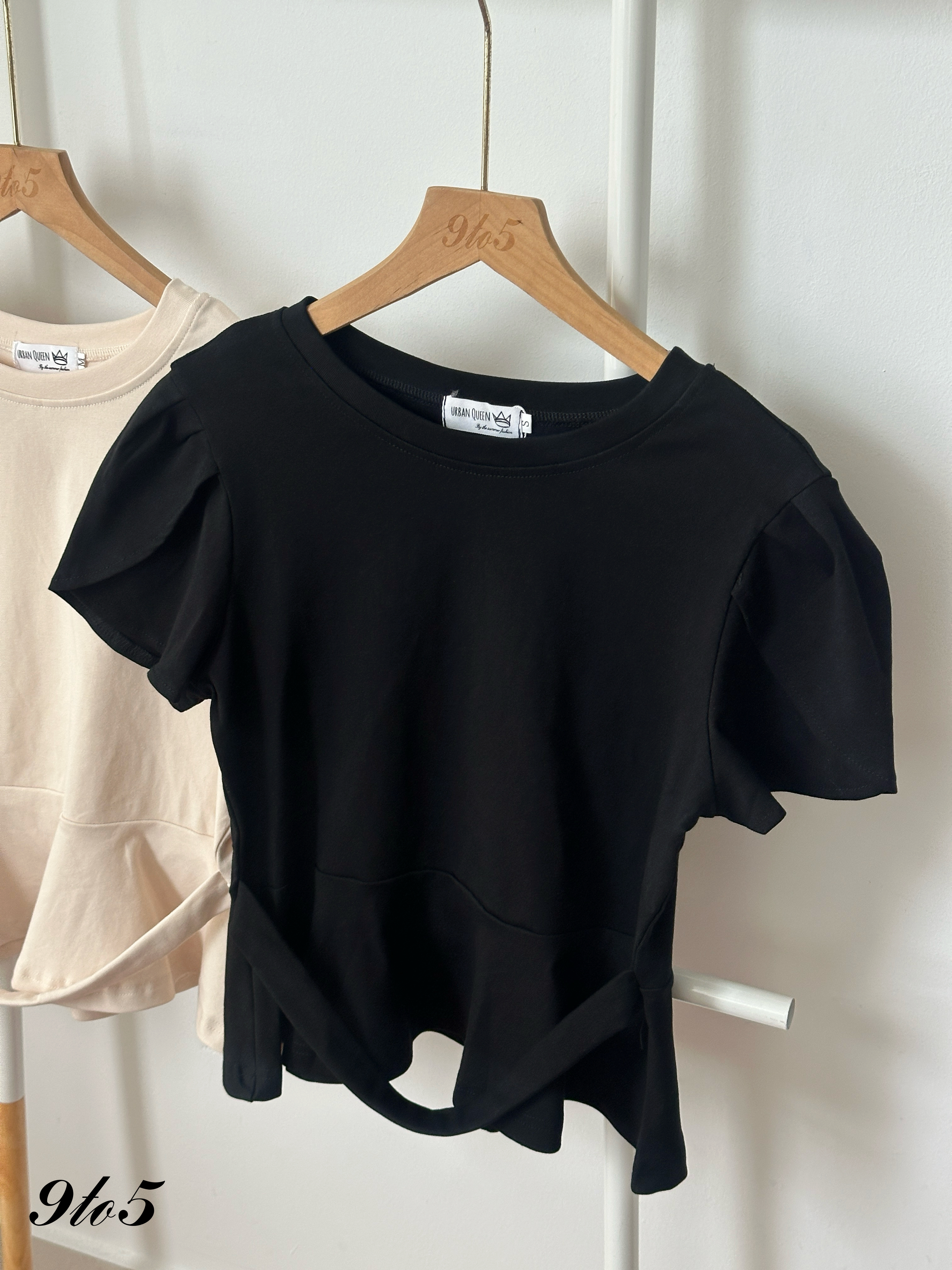 T4433 Puff Sleeve Peplum Top - Beige & Black