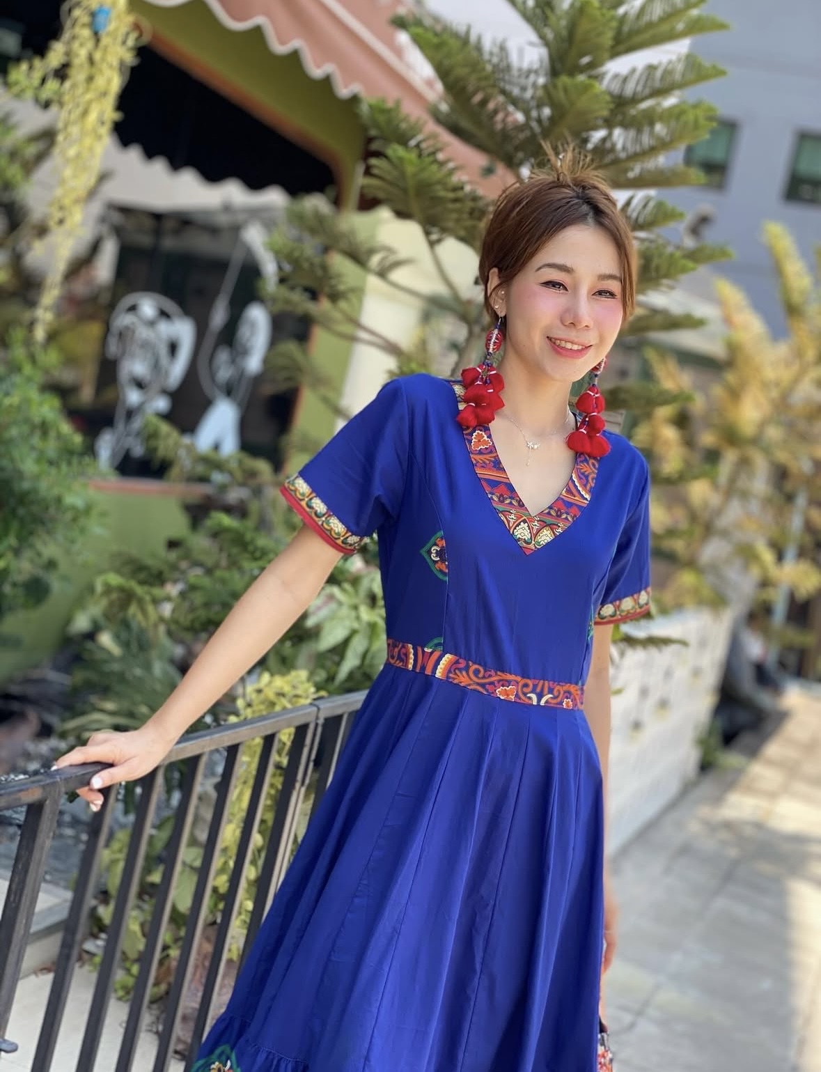 泰國名牌CHEVA - 藍色V領印花短袖連身裙