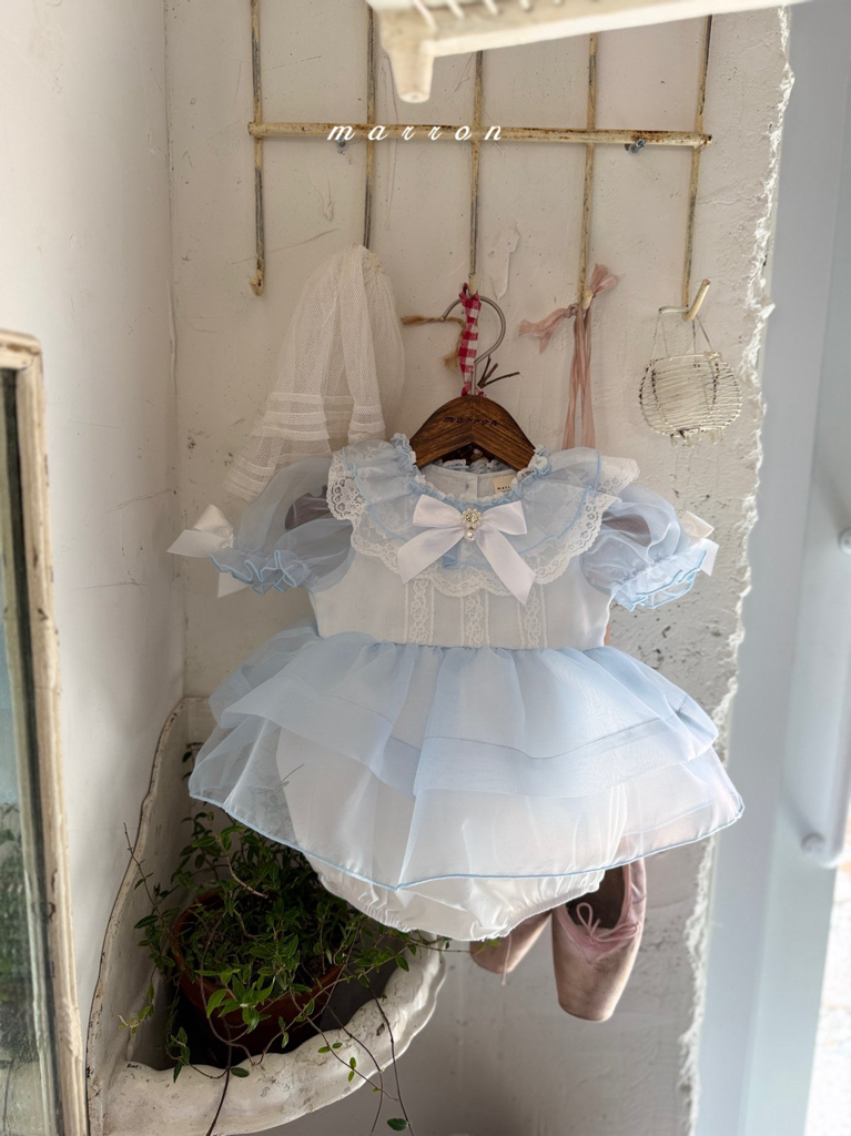 ☀️預訂 韓國直送☀️🇰🇷Marron兩色寶石絲帶蕾絲薄紗泡泡袖包屁裙