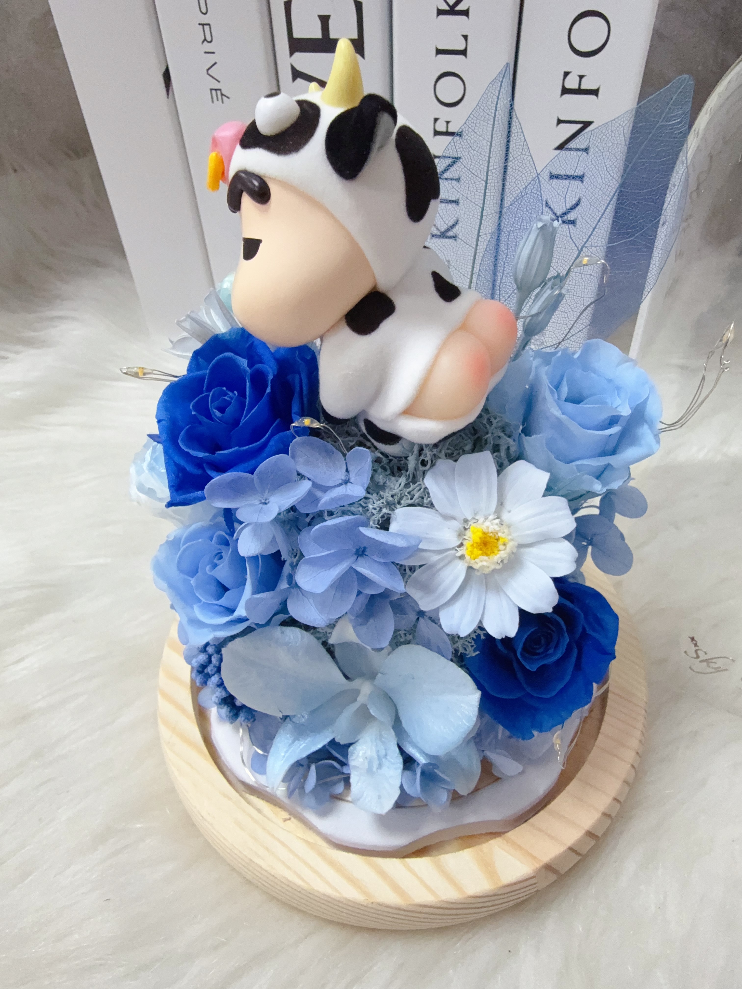 牛牛小新屁屁藍色永生花玻璃罩