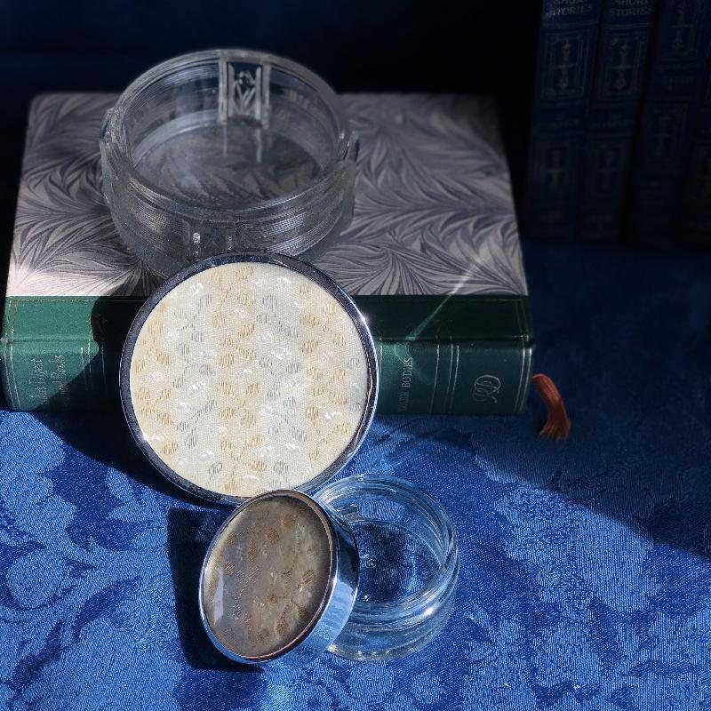 1950s Made in Canada Jacquard Fabric Glass Vanity Set/Powder& Cream Box Set of 2 (MT1055)