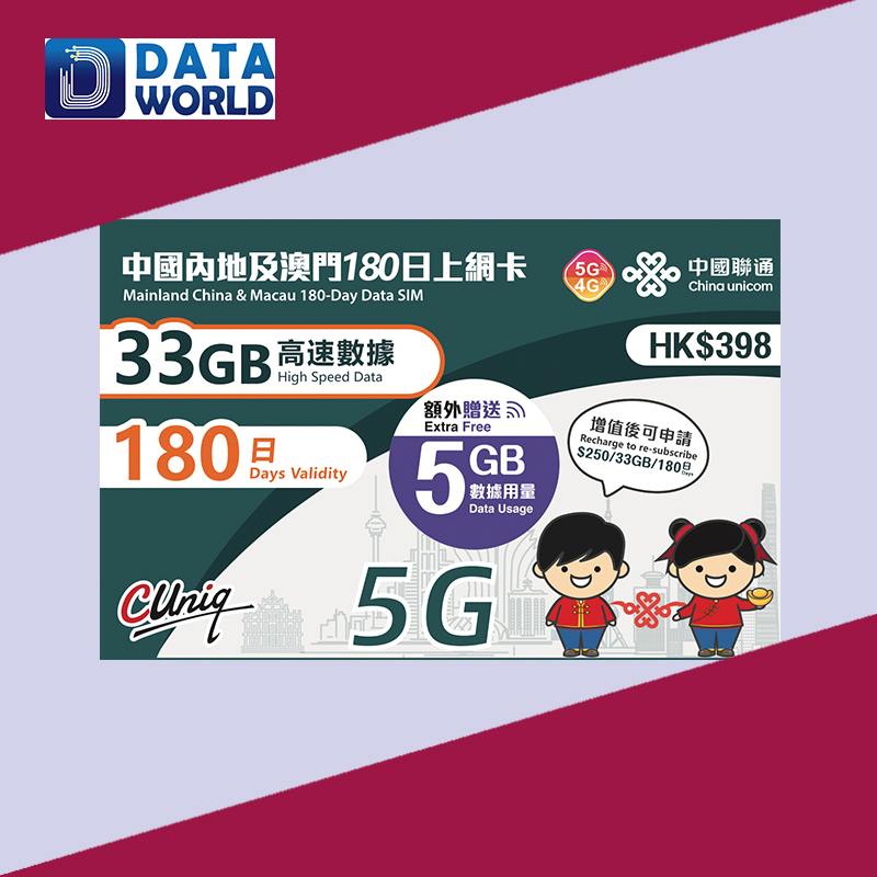 中國聯通 4G/5G $398 內地及澳門180日33+5GB上網卡