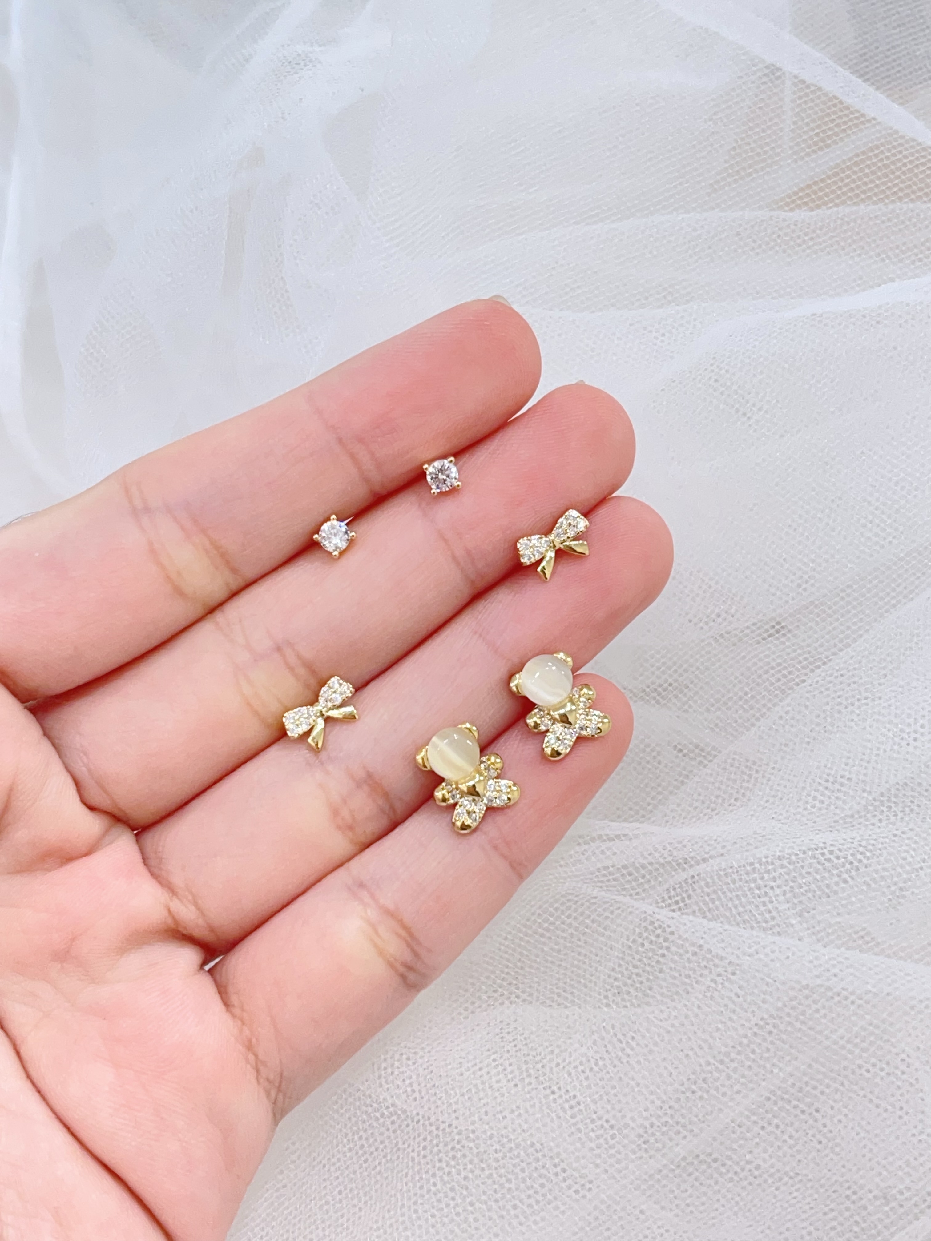 猫眼石小熊蝴蝶结耳环套装