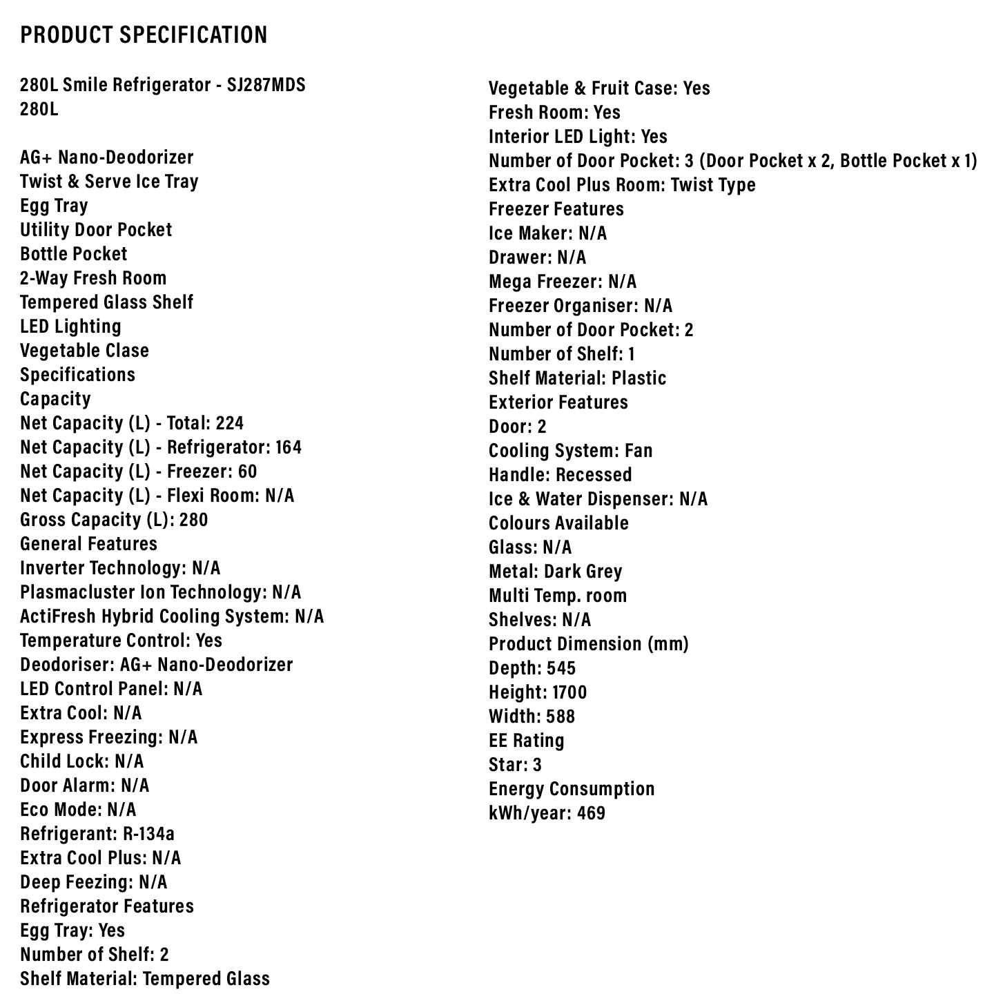Sharp 280L Top Mount Refrigerator (SJ287MDS)