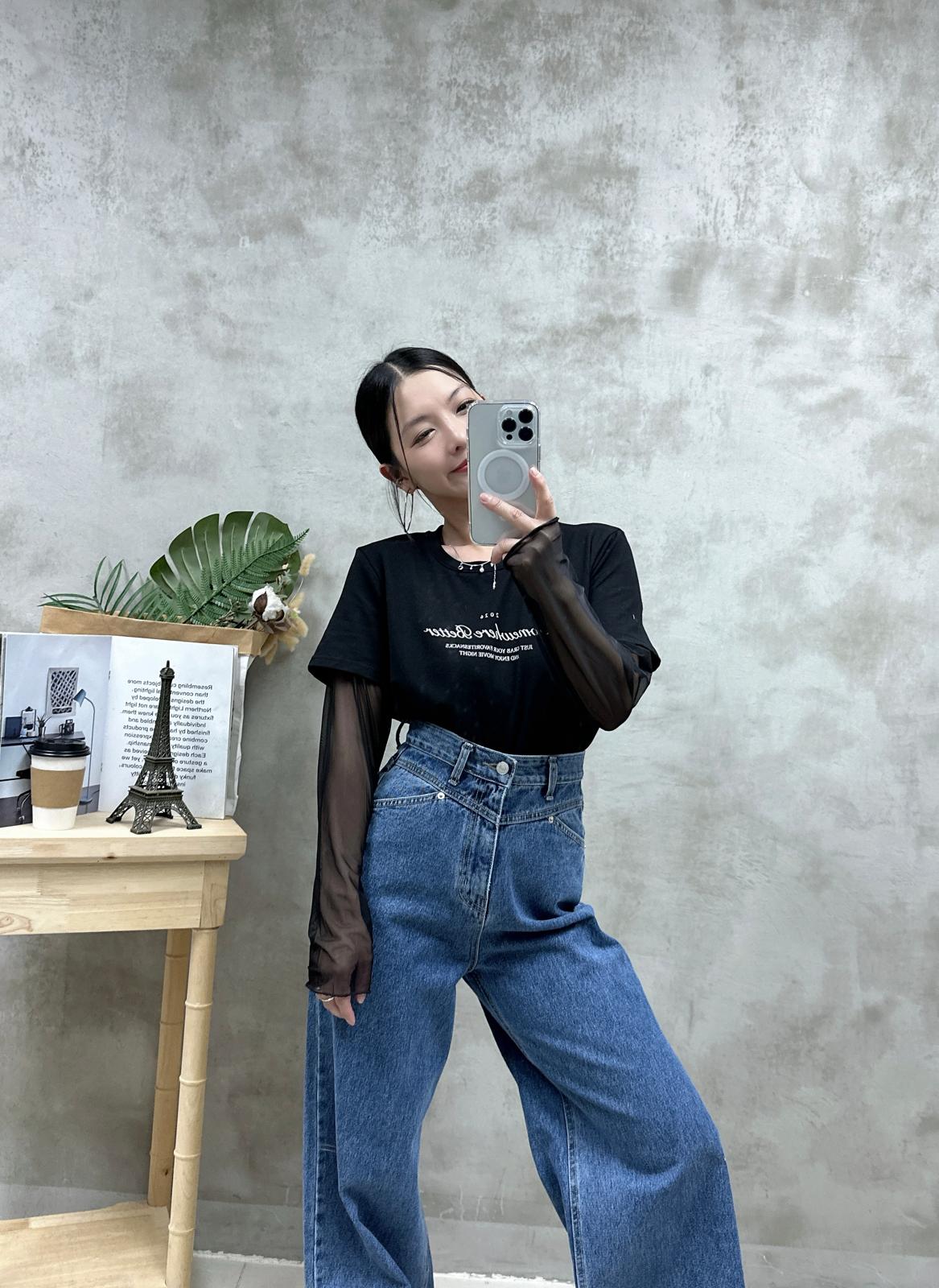V03 假2件網網袖英文字Tee