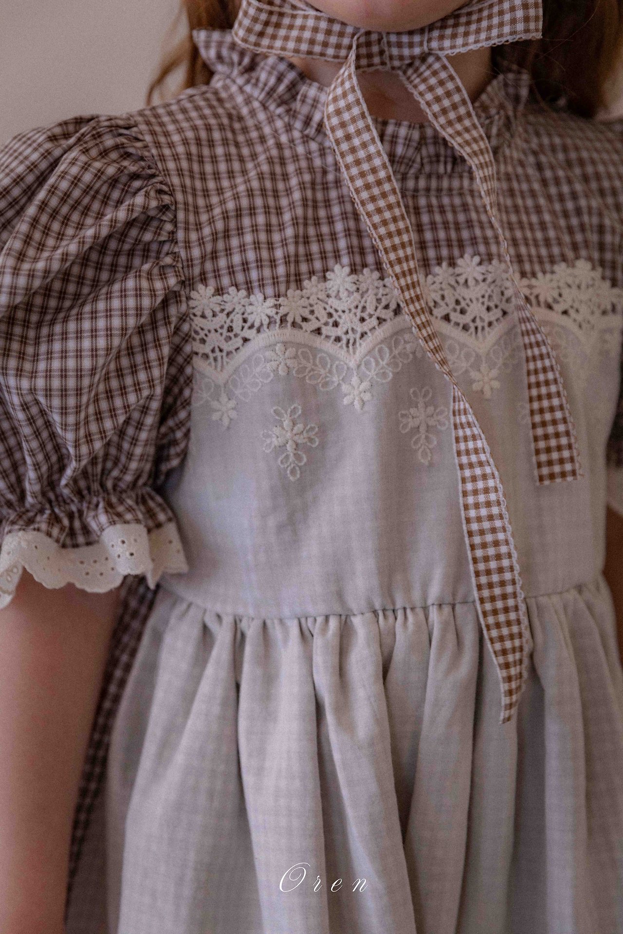 ☀️預訂 韓國直送☀️🇰🇷Oren Zegna蕾絲圍裙格紋短袖連身裙