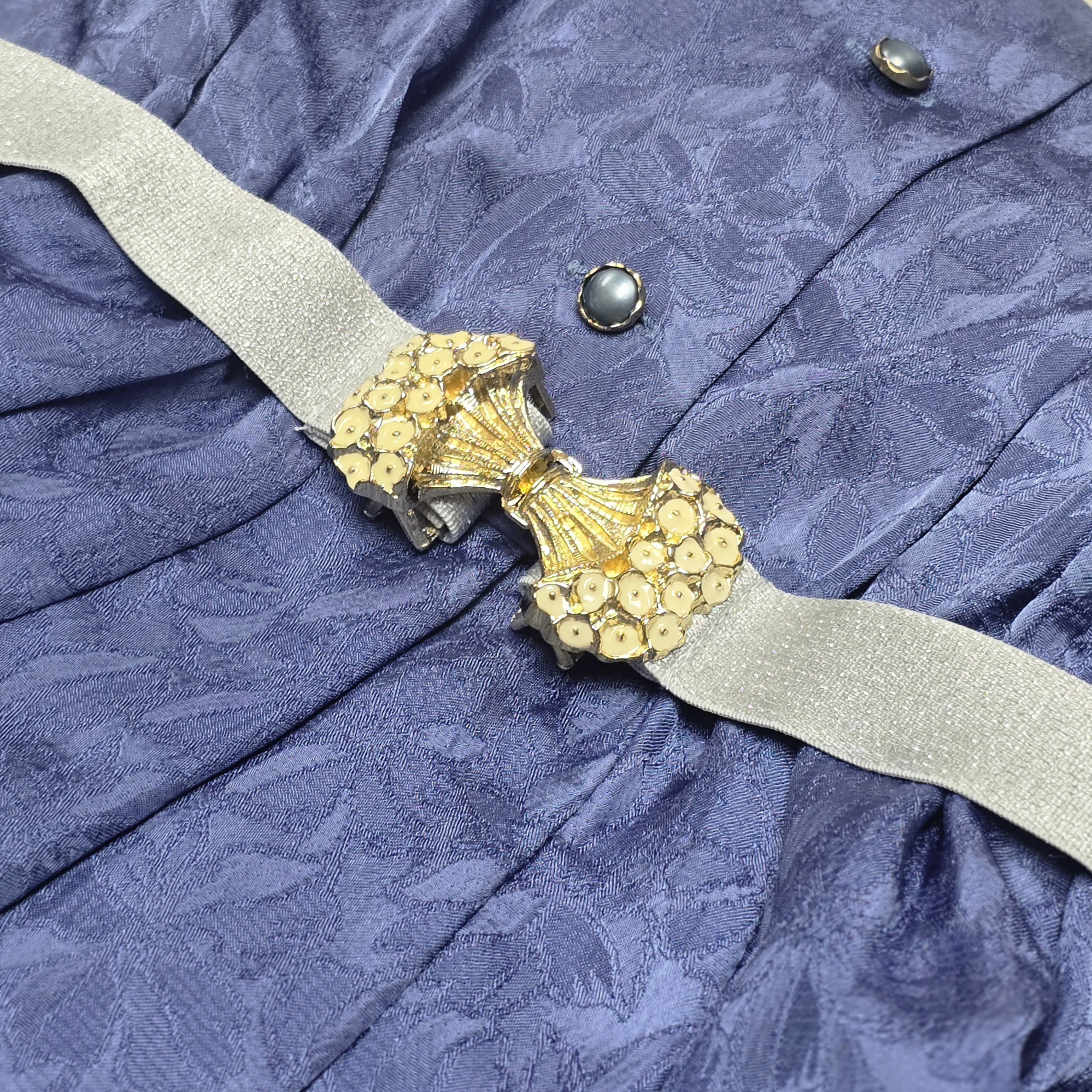 Vintage Japanese 3D Bouquet Belt Buckle with Sparkly Grey Elastic Bands