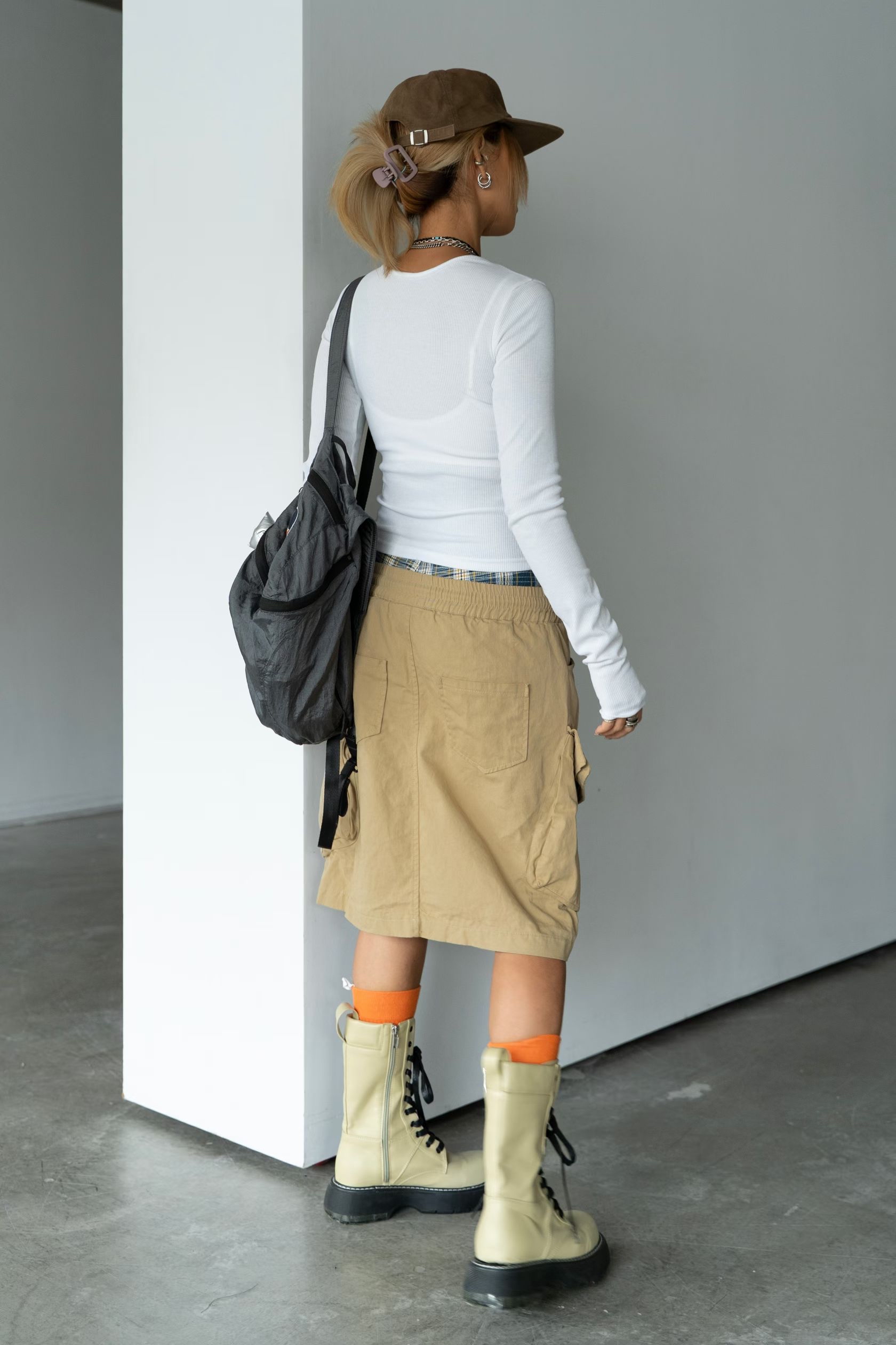 橡筋腰斜布工裝短裙