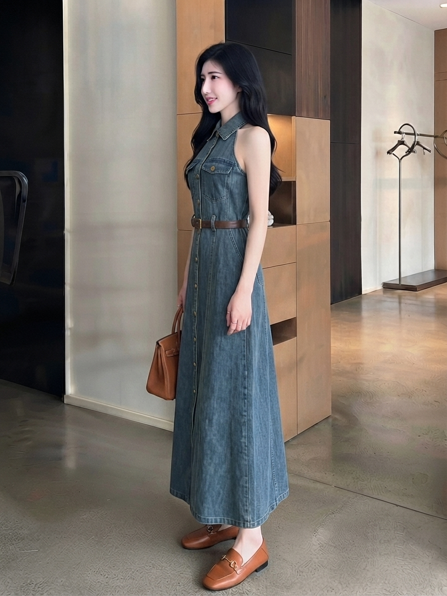 Halter Denim Midi Dress M237