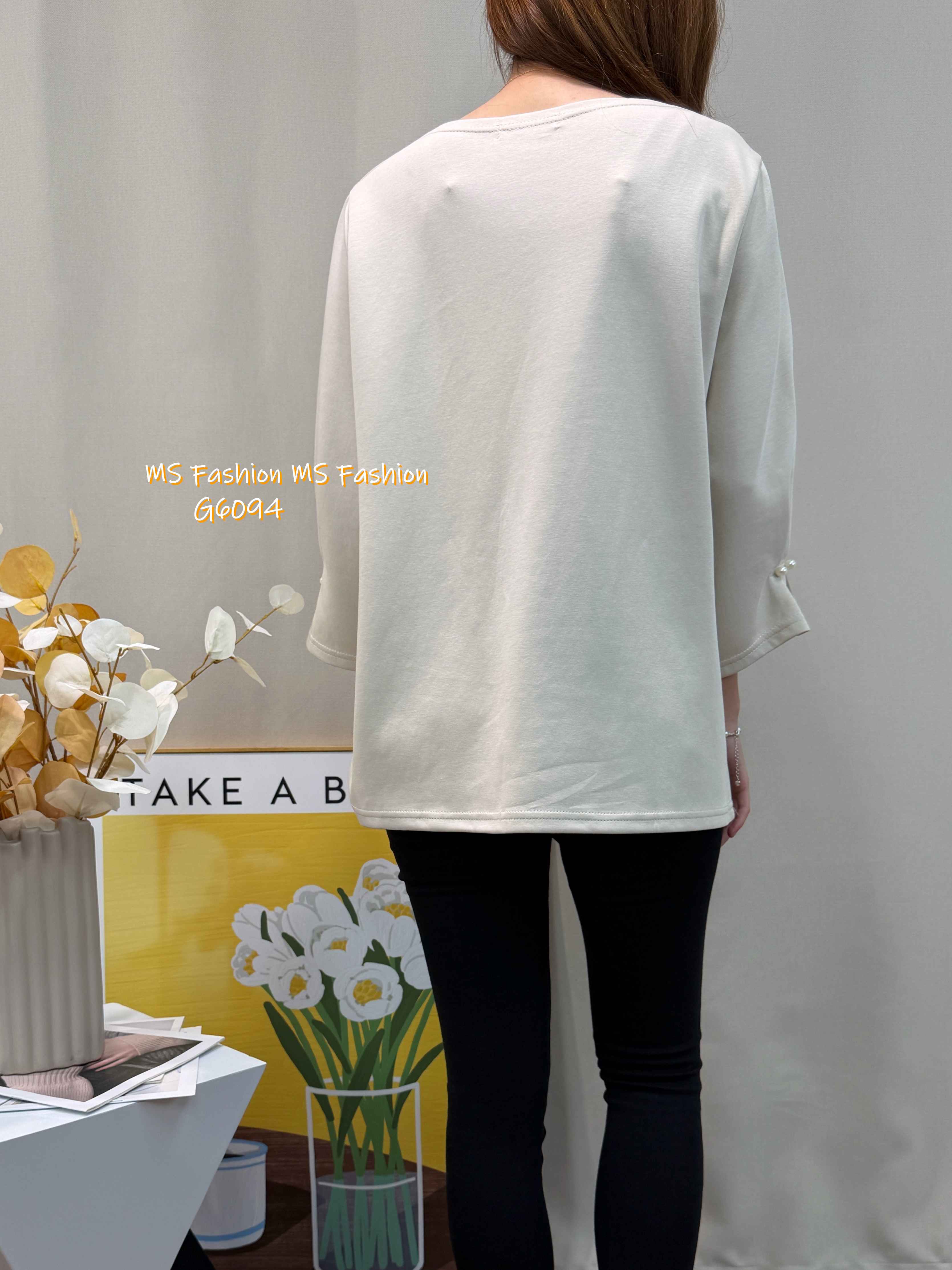 G6094 韓國🇰🇷百摺珠袖淨色top