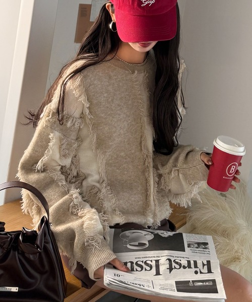 不規則流蘇拼色針織上衣【JT019】