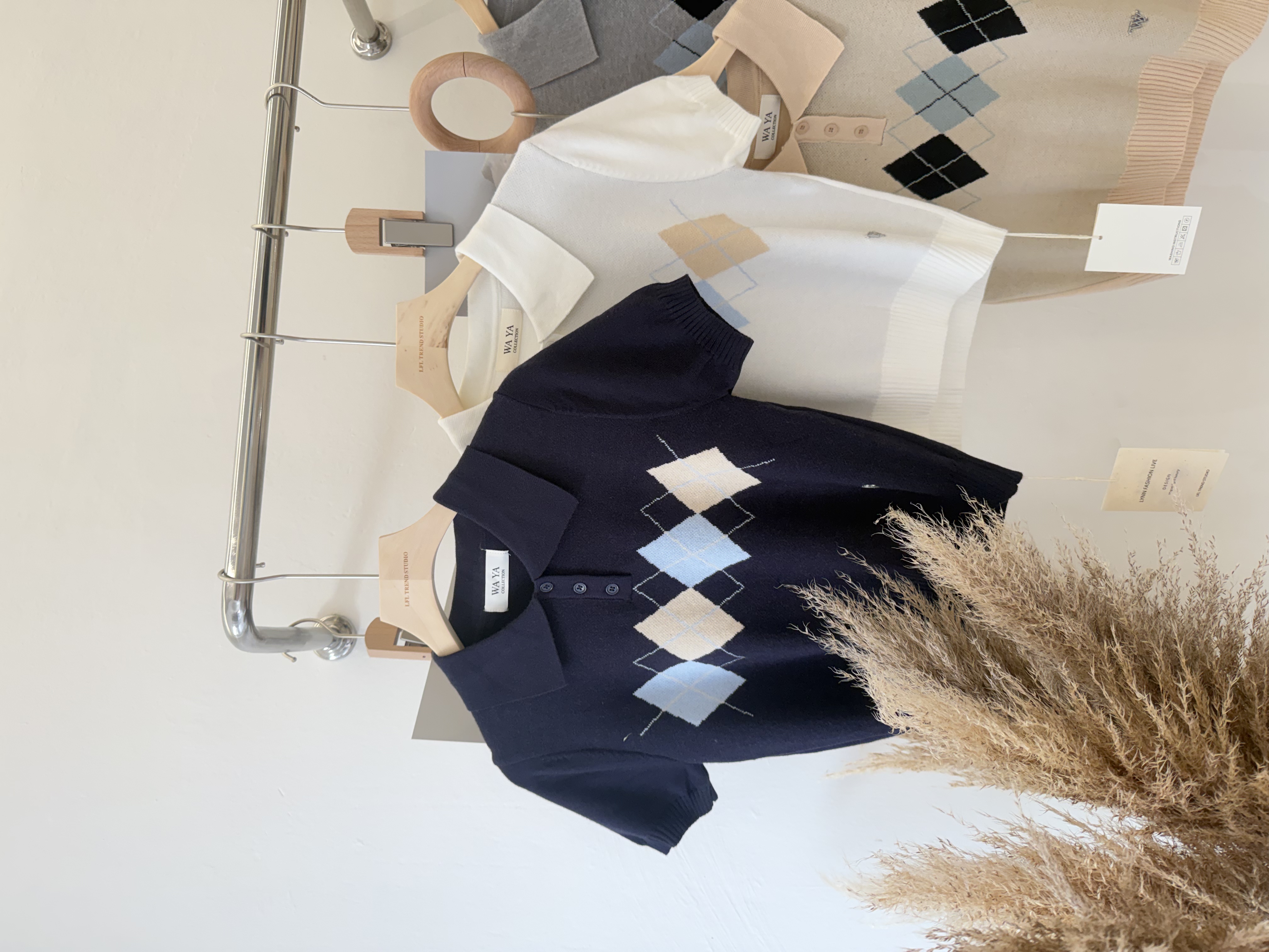 6525 韩系菱格纹翻领针织短袖