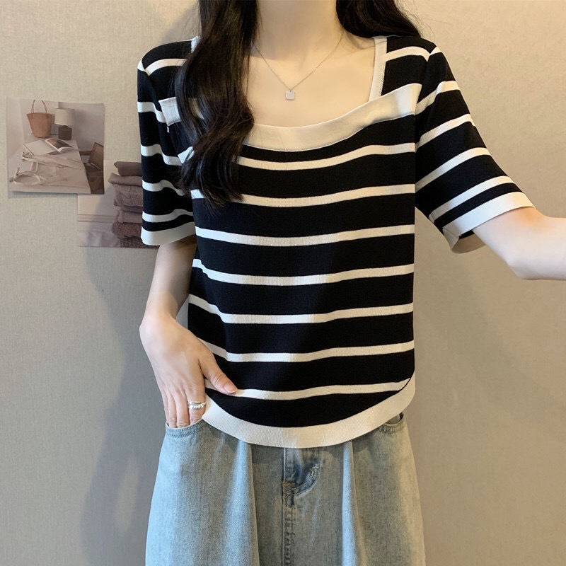 B246(1006) 韩版撞色横纹显瘦下摆圆角冰丝针织黑上衣 