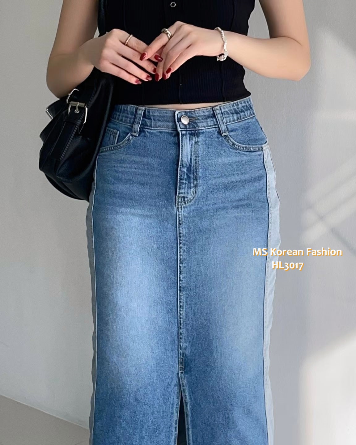 HL3017 韓國🌼Howluk前開叉拼色中長牛裙