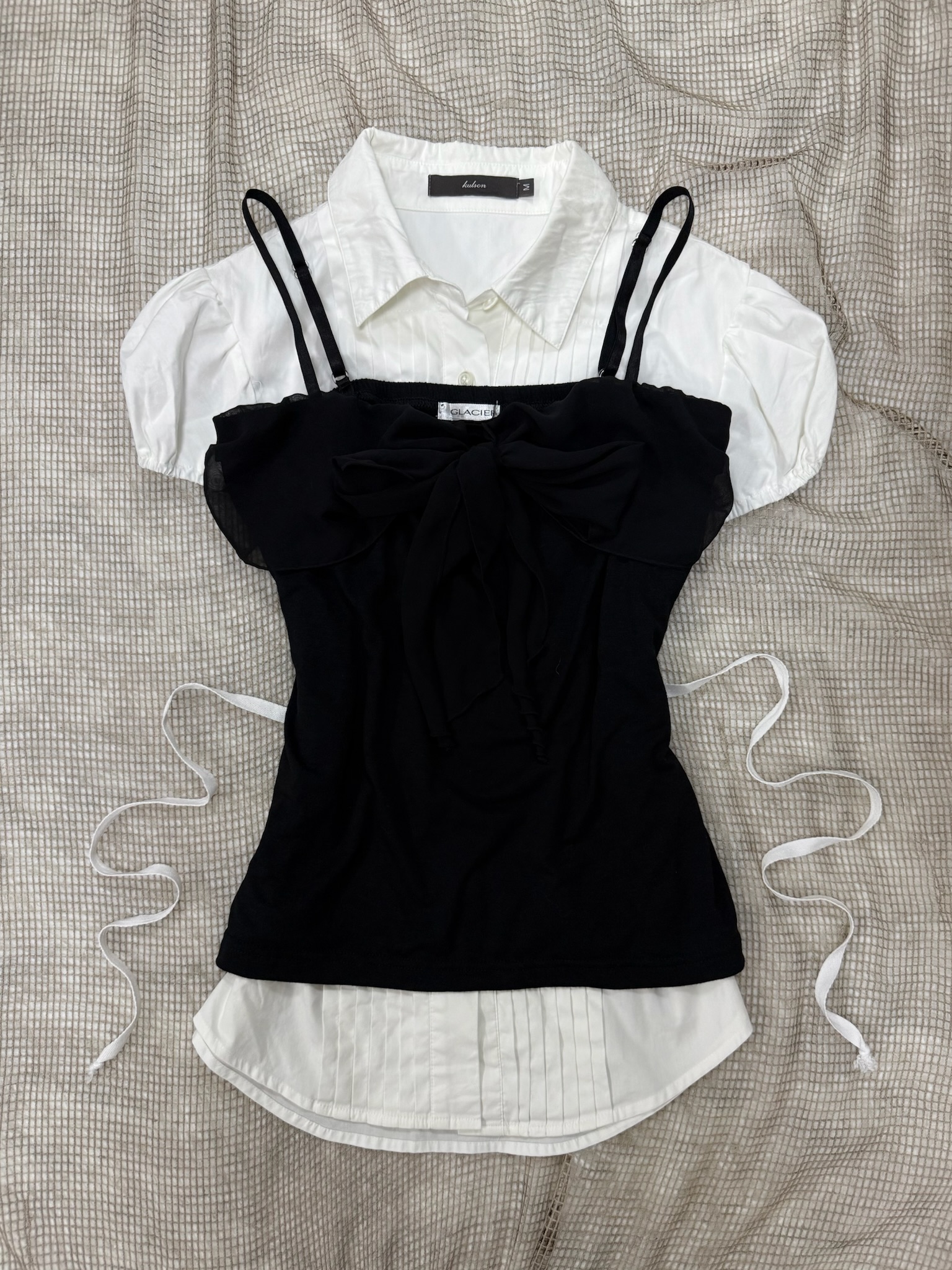 J-Fashion Bow Cami x Puff Sleeve Blouse Set