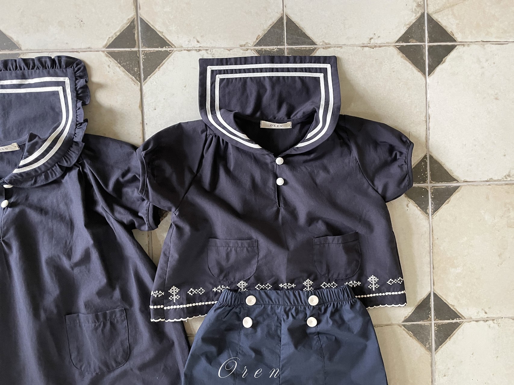 ☀️預訂 韓國直送☀️🇰🇷Oren Marinette兩色海洋風水手領刺繡短袖包屁衣/連身裙/上下套裝