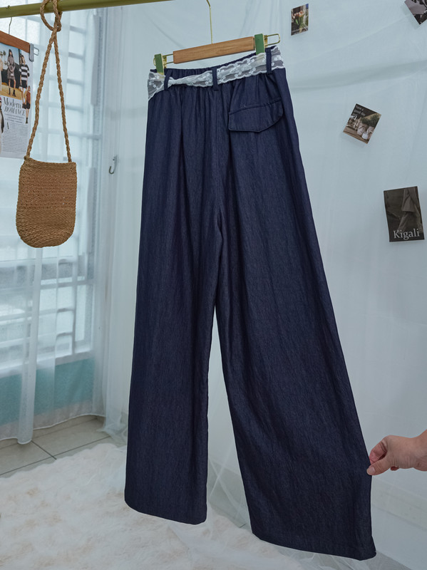 High-Waisted Navy Palazzo Pants with Embroidered Lace Sash ‖ 高腰深蓝色阔腿裤配刺绣蕾丝腰带 KR0410829