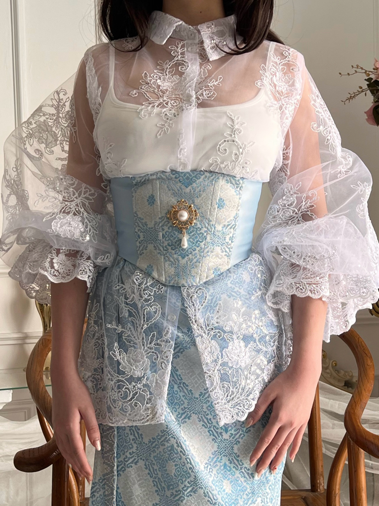Songket Underbust Corset and Pareo Skirt in Light Blue with Angel Blouse in True White