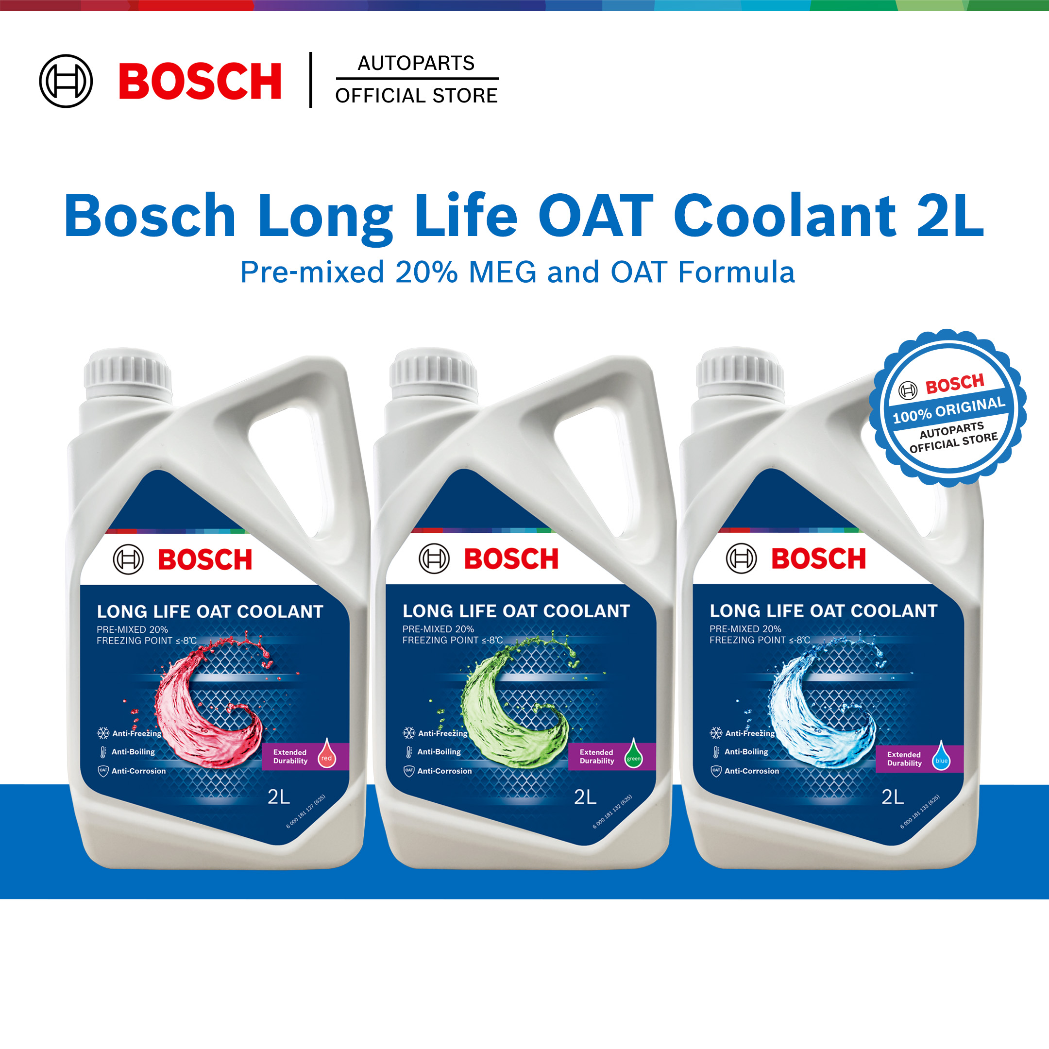 Bosch Long Life OAT Coolant Pre-mixed 20% (2L) - Green / Red / Blue