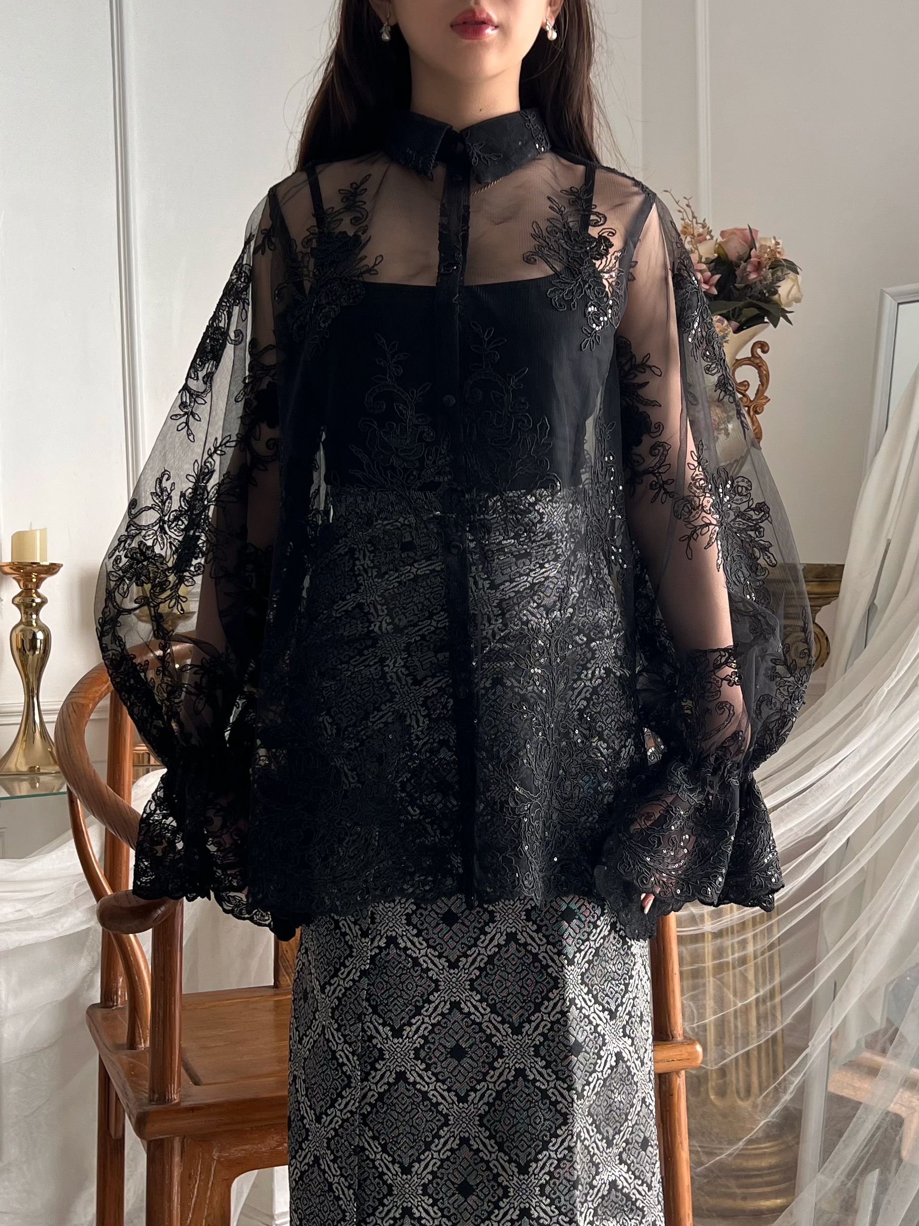 Songket Underbust Corset in Crème and Pareo Skirt in Black with Angel Blouse in Black
