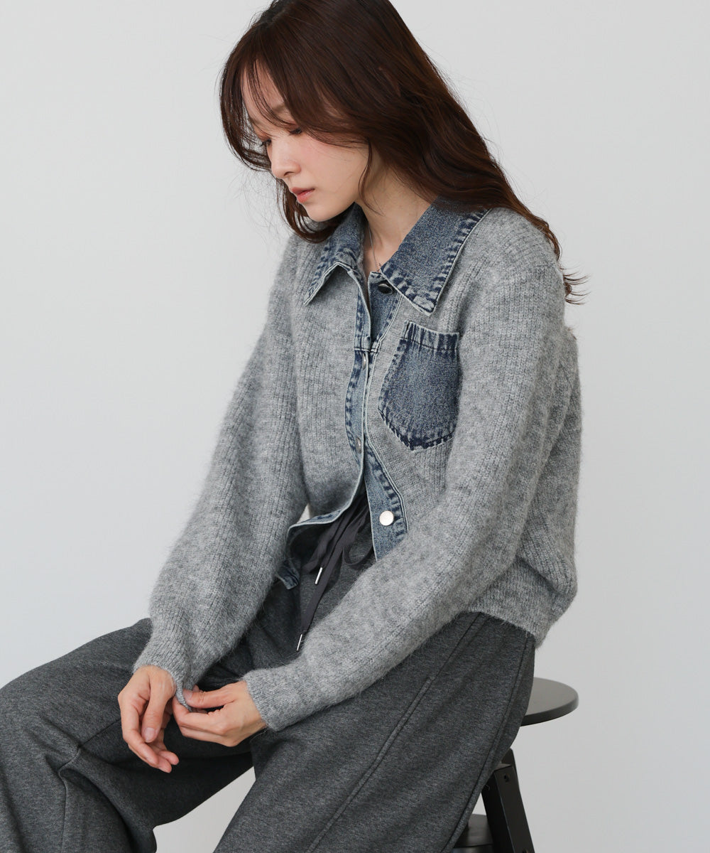 <限量現貨><JP> 新色加入！時尚設計感～牛仔布拼 Knit Cardigan* 2色入