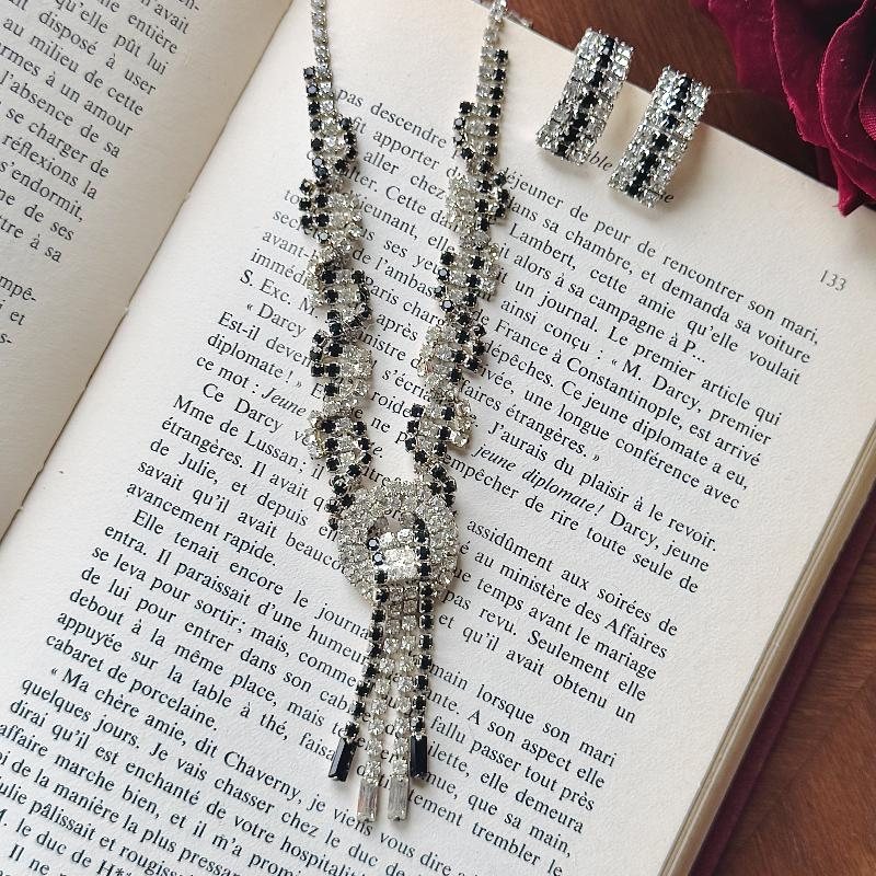 Preview - 1950s European Black & Clear Rhinestone Clip Earrings and Tassel Necklace (MT2263)