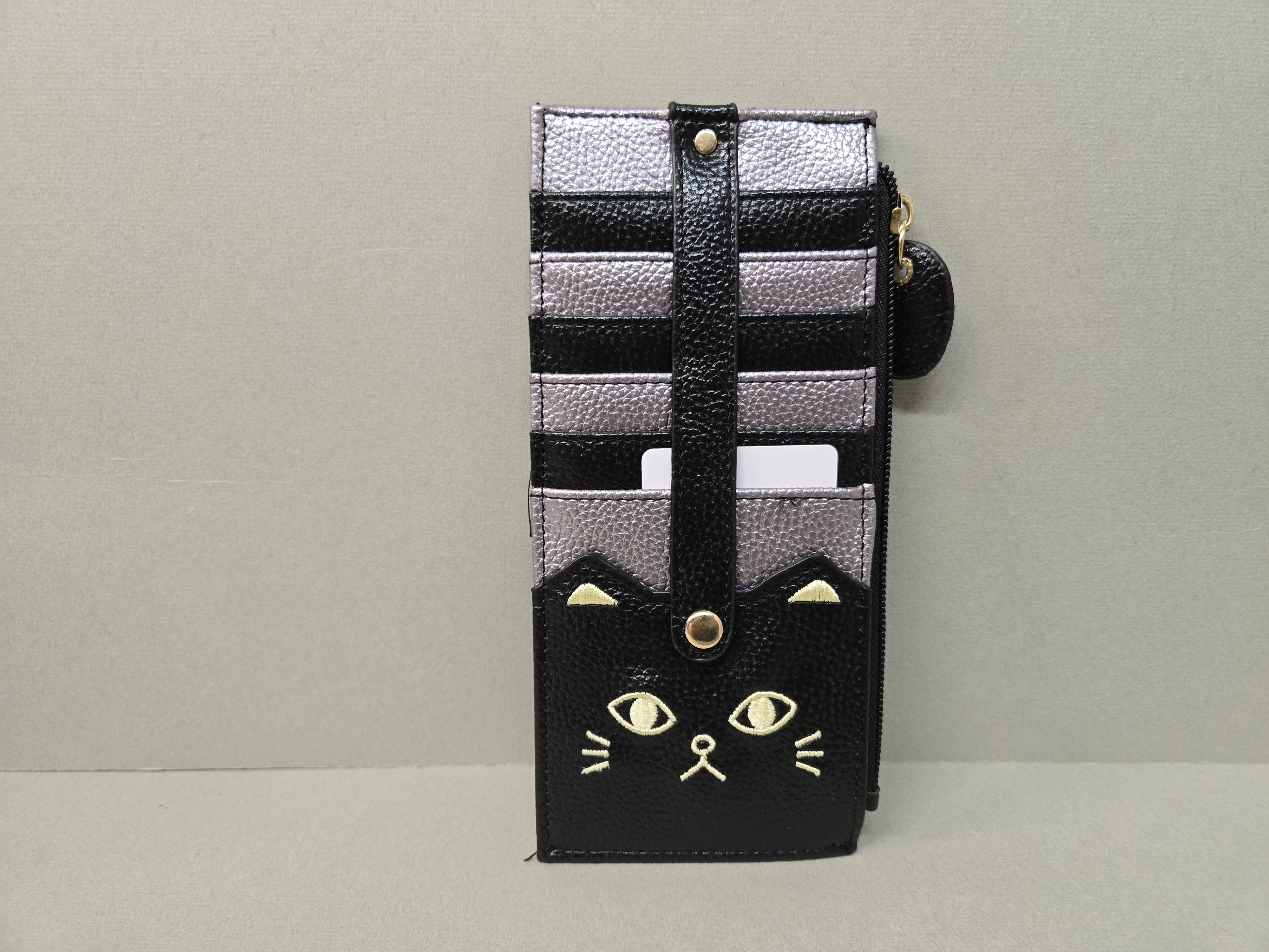黑及銀色刺繡貓咪咭套及銀包兩用