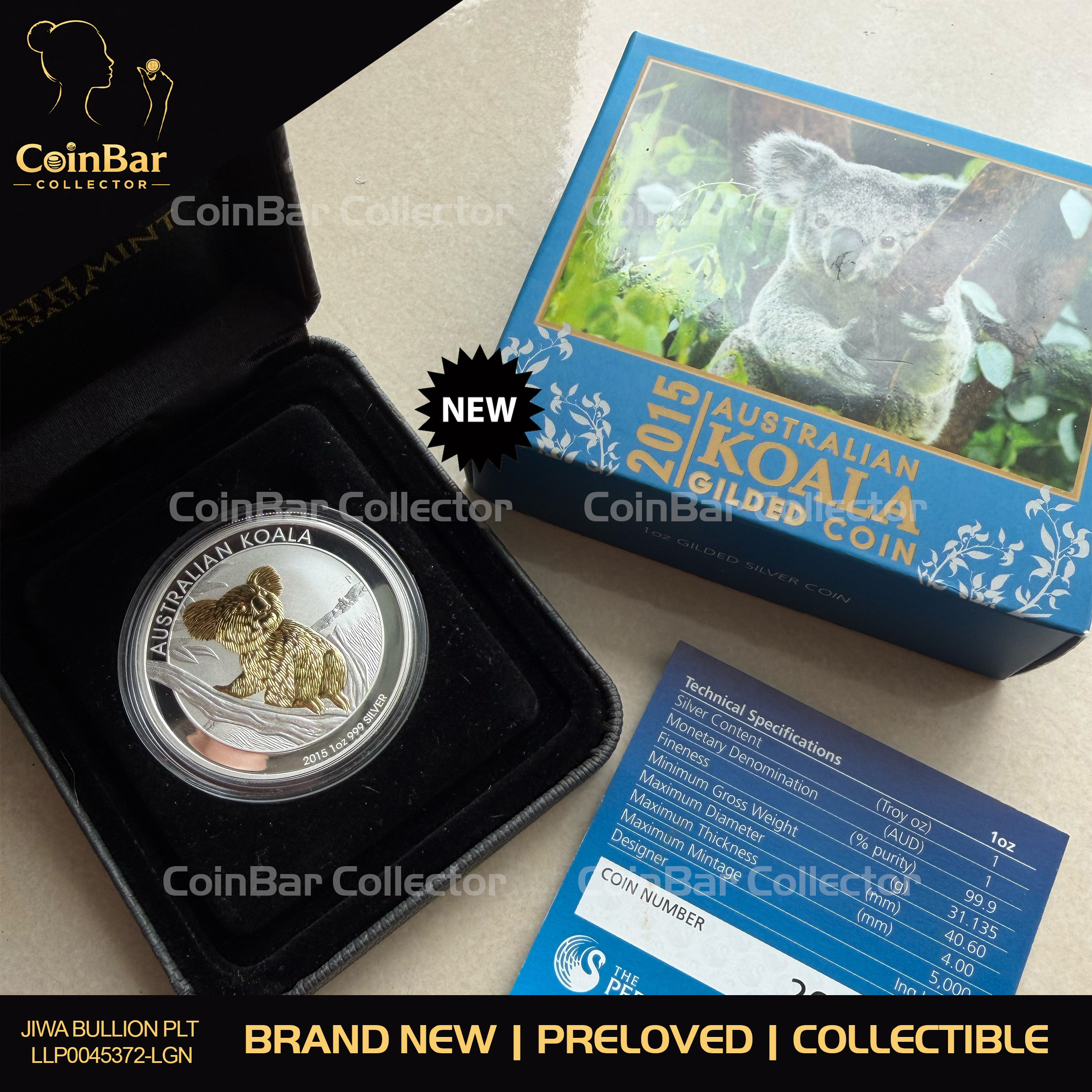 PERTH MINT 2015 1oz 🇦🇺 Aus Koala Gold Gilded Silver 999 - Limited 5000pcs 31.135g Silver Bar