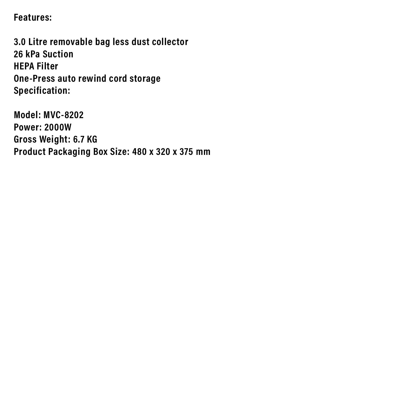 Milux 1600W Soho Series Vacuum Cleaner (MVC-8202)